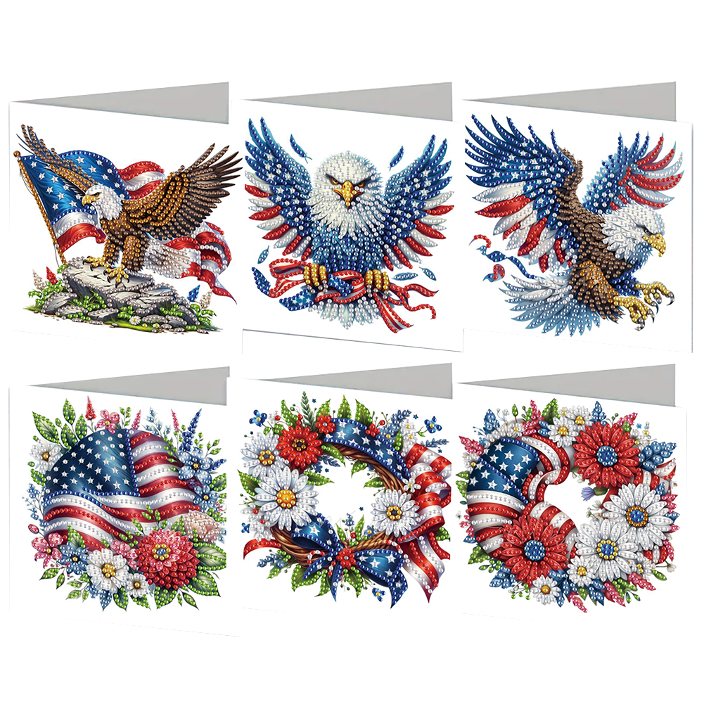 6Pcs DIY Diamond Painting Greeting Card - American Flag Eagle Wreath