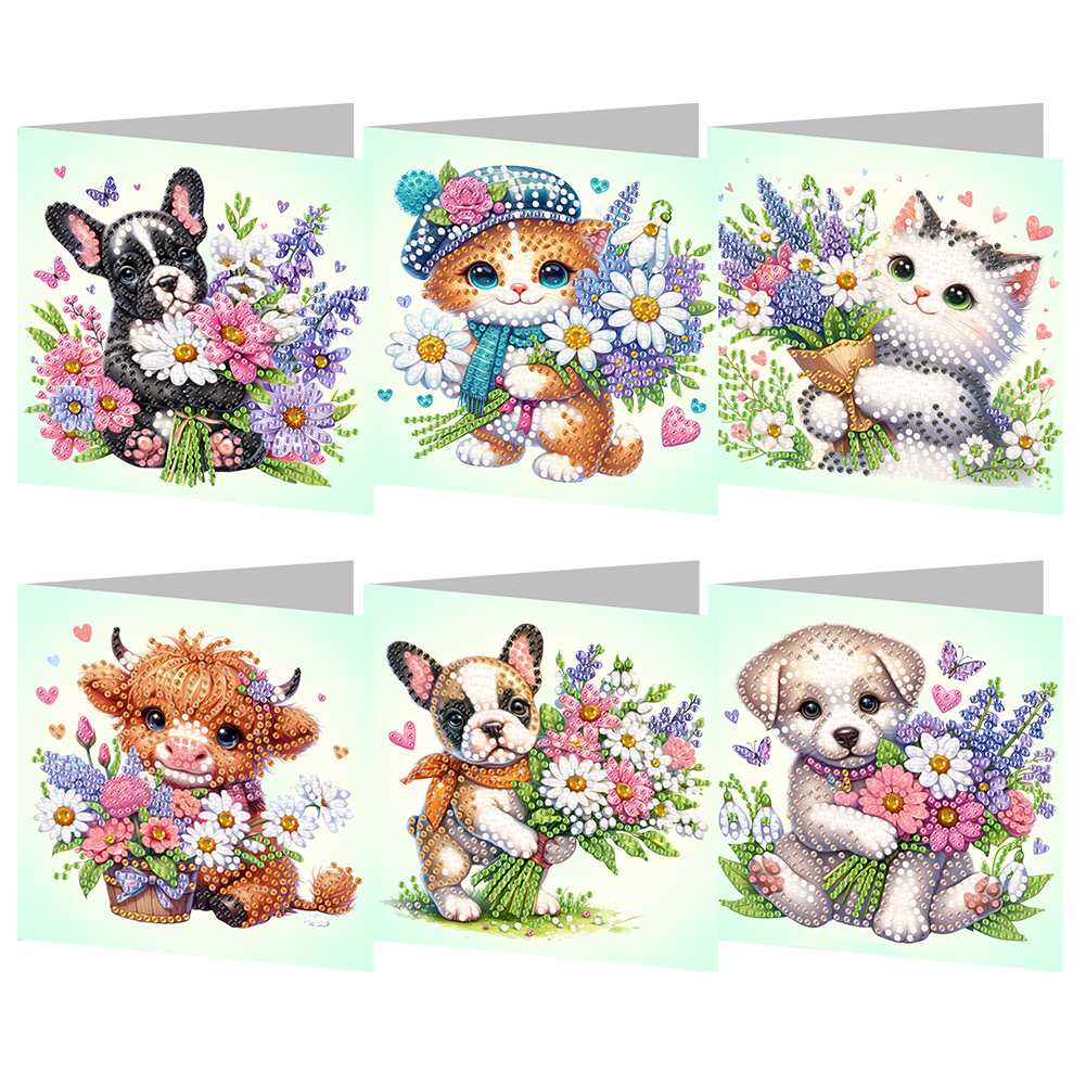 6Pcs DIY Diamond Painting Greeting Card - Cat And Dog