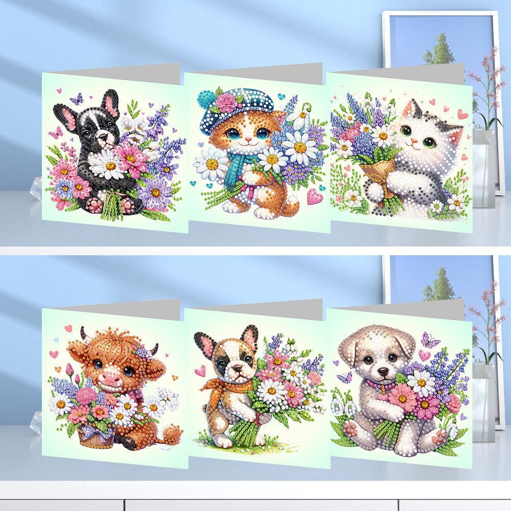 6Pcs DIY Diamond Painting Greeting Card - Cat And Dog