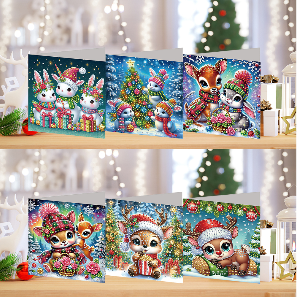 6Pcs DIY Diamond Painting Greeting Card - Xmas Animals