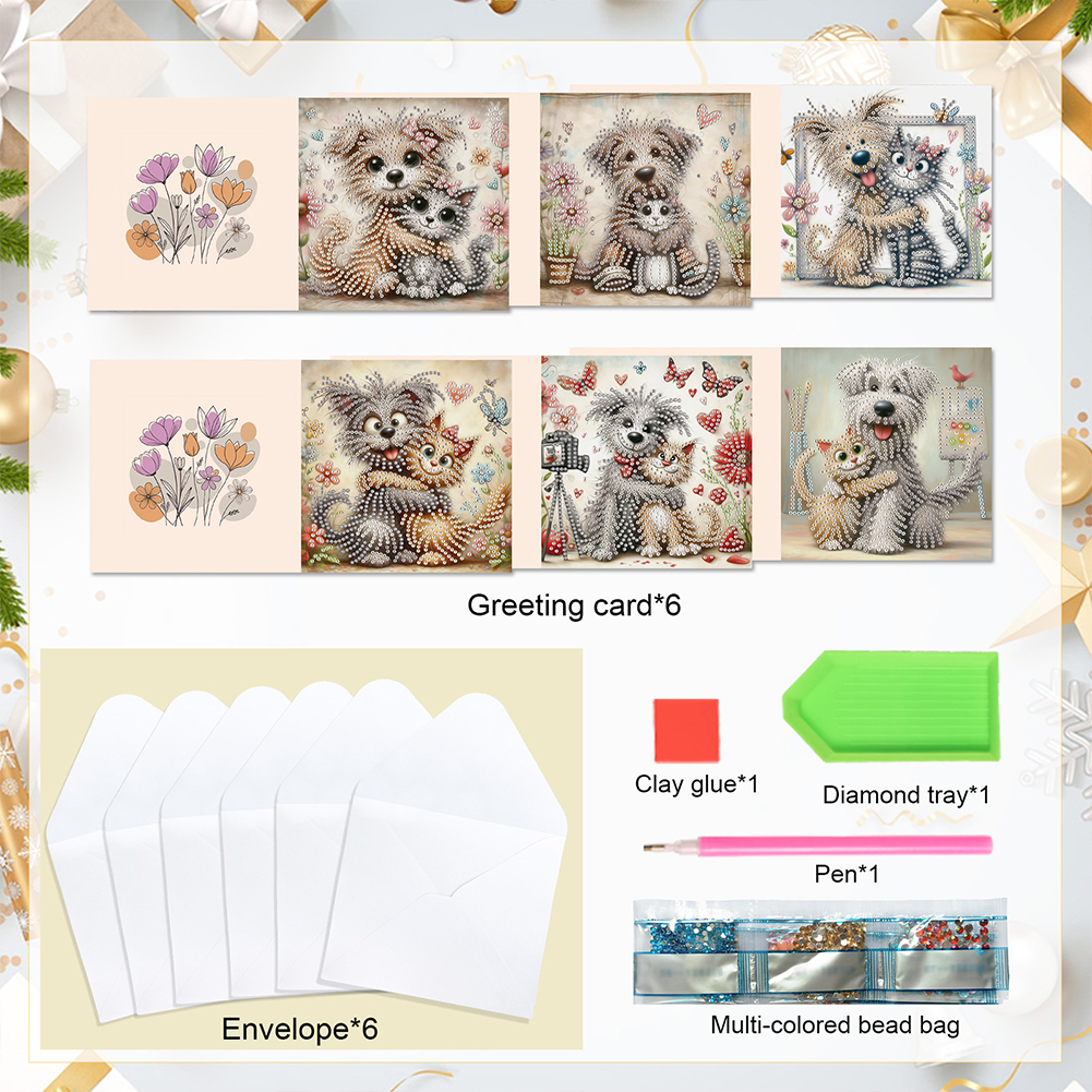 6Pcs DIY Diamond Painting Greeting Card - Cute Cat Dog