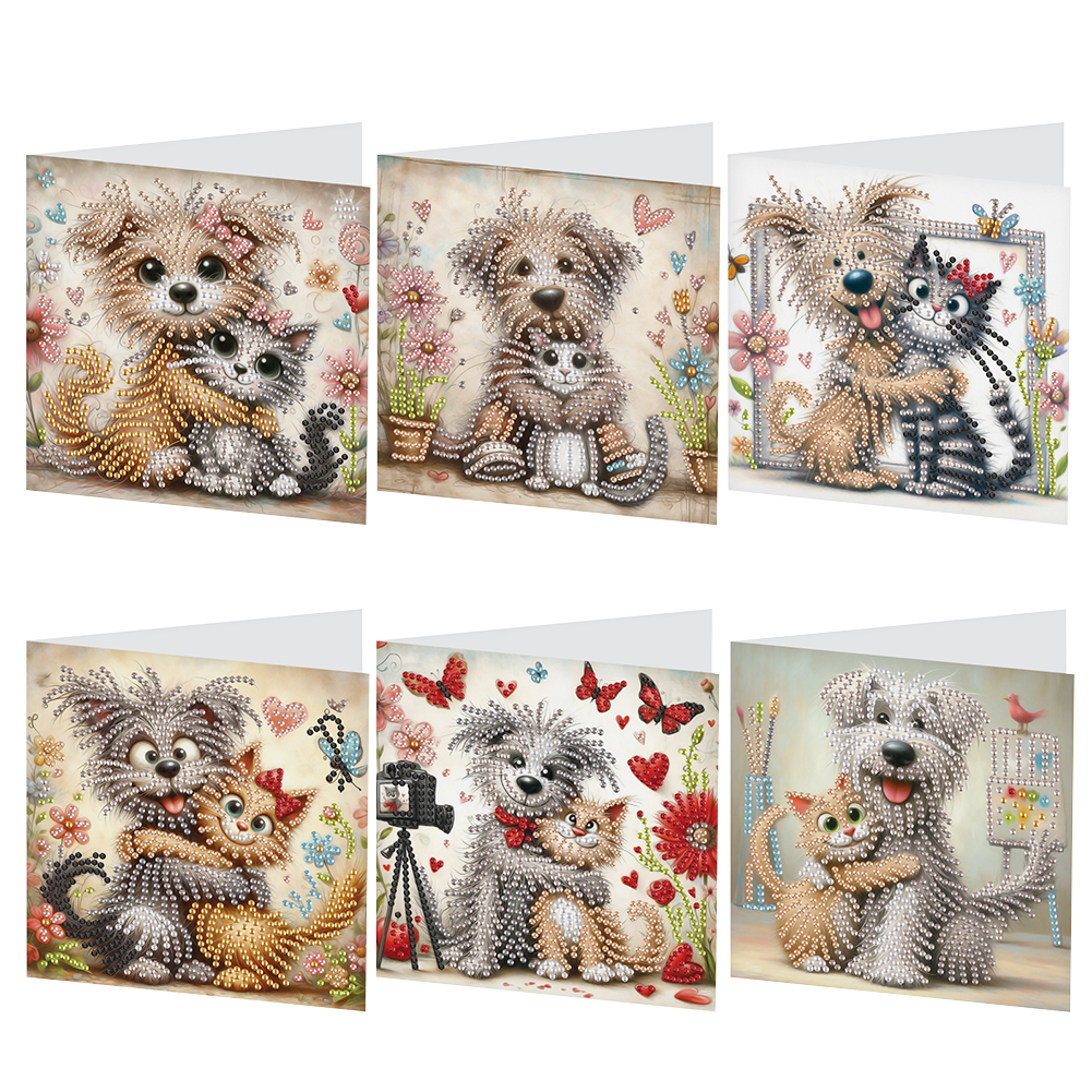 6Pcs DIY Diamond Painting Greeting Card - Cute Cat Dog