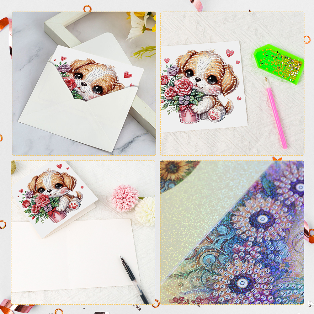 6Pcs DIY Diamond Painting Greeting Card - Flower Puppy