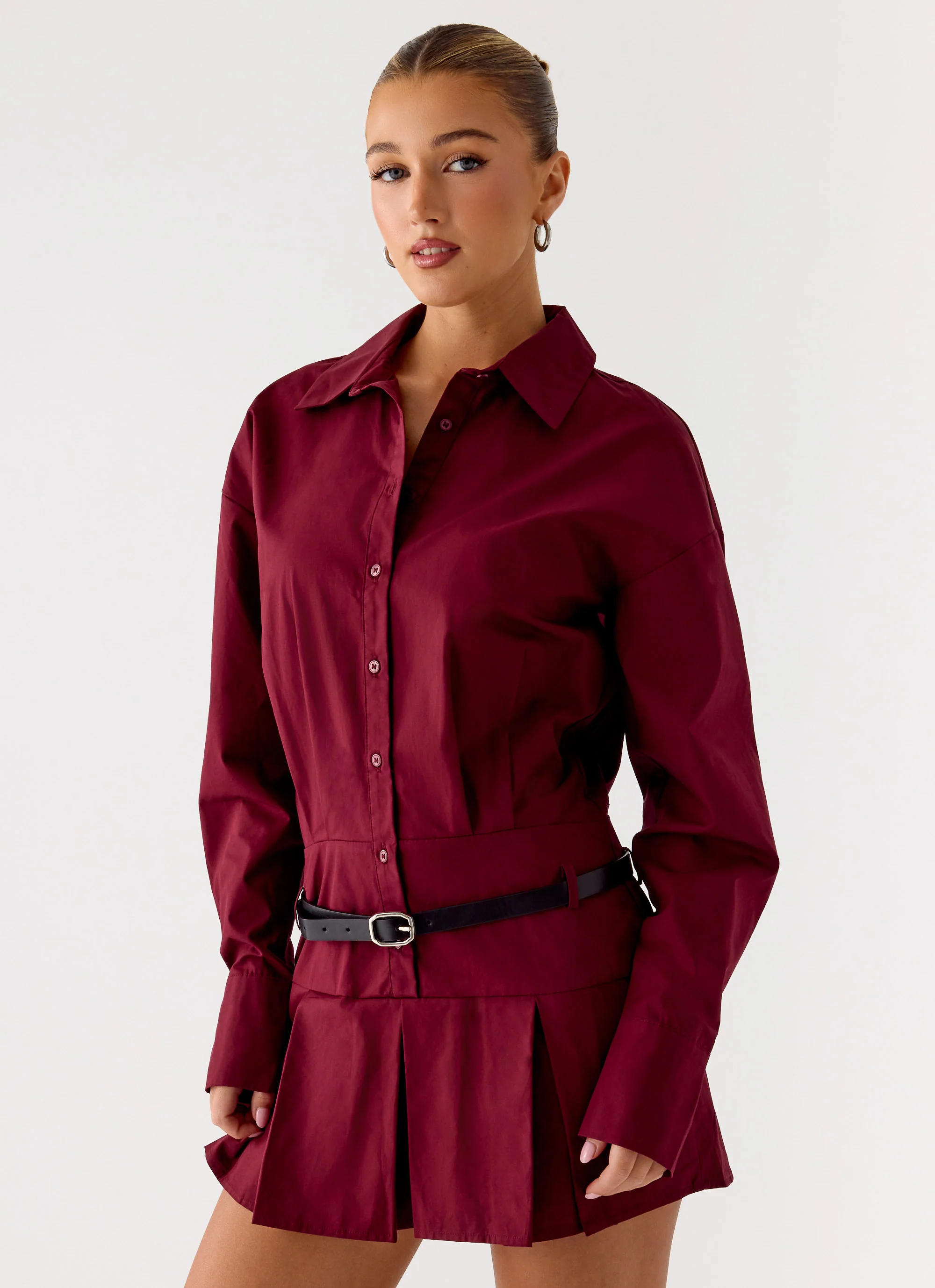 Rio Pleated Shirt Mini Dress - Maroon