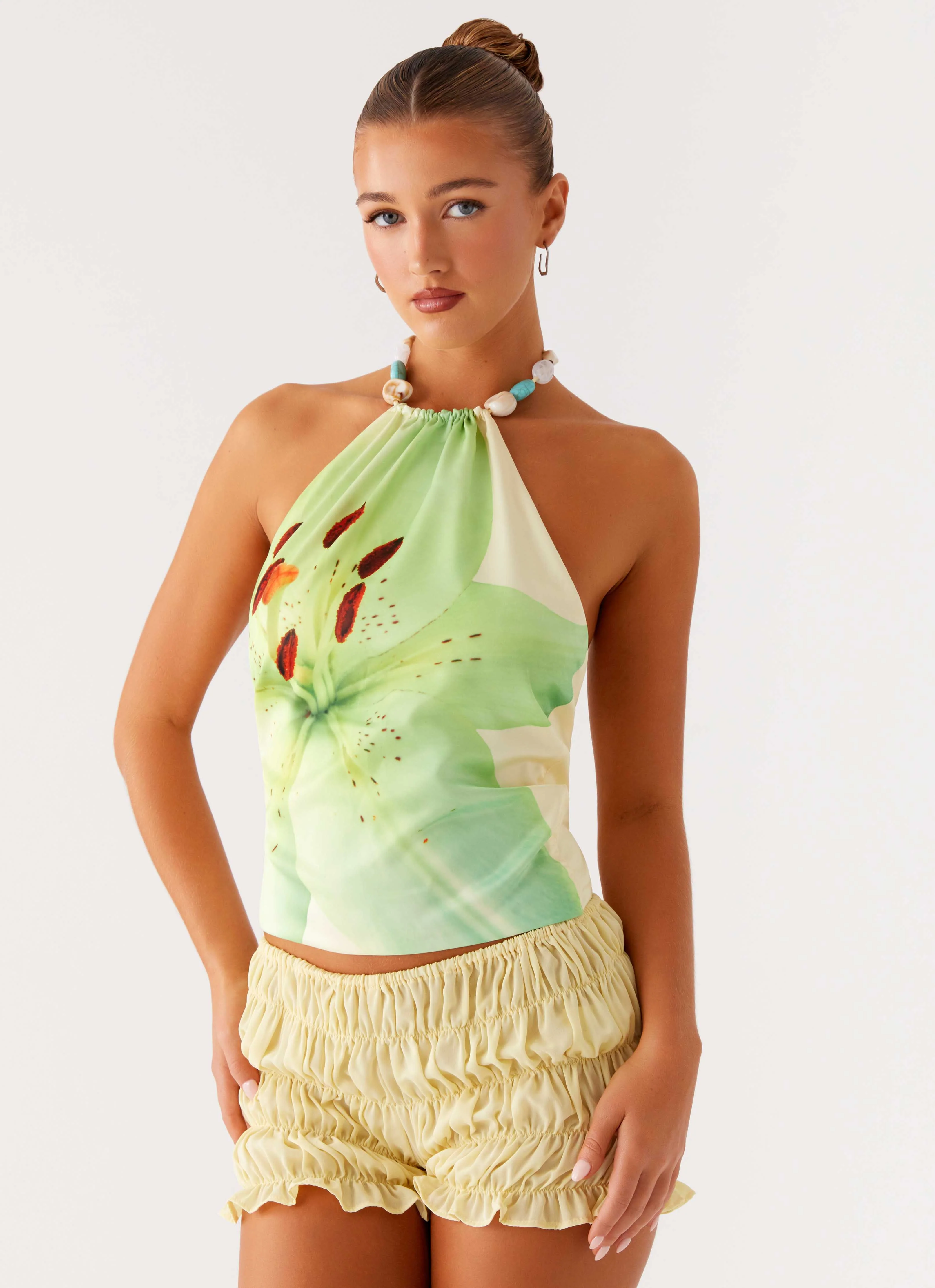 Dalila Beaded Tie Back Top - Yellow Floral