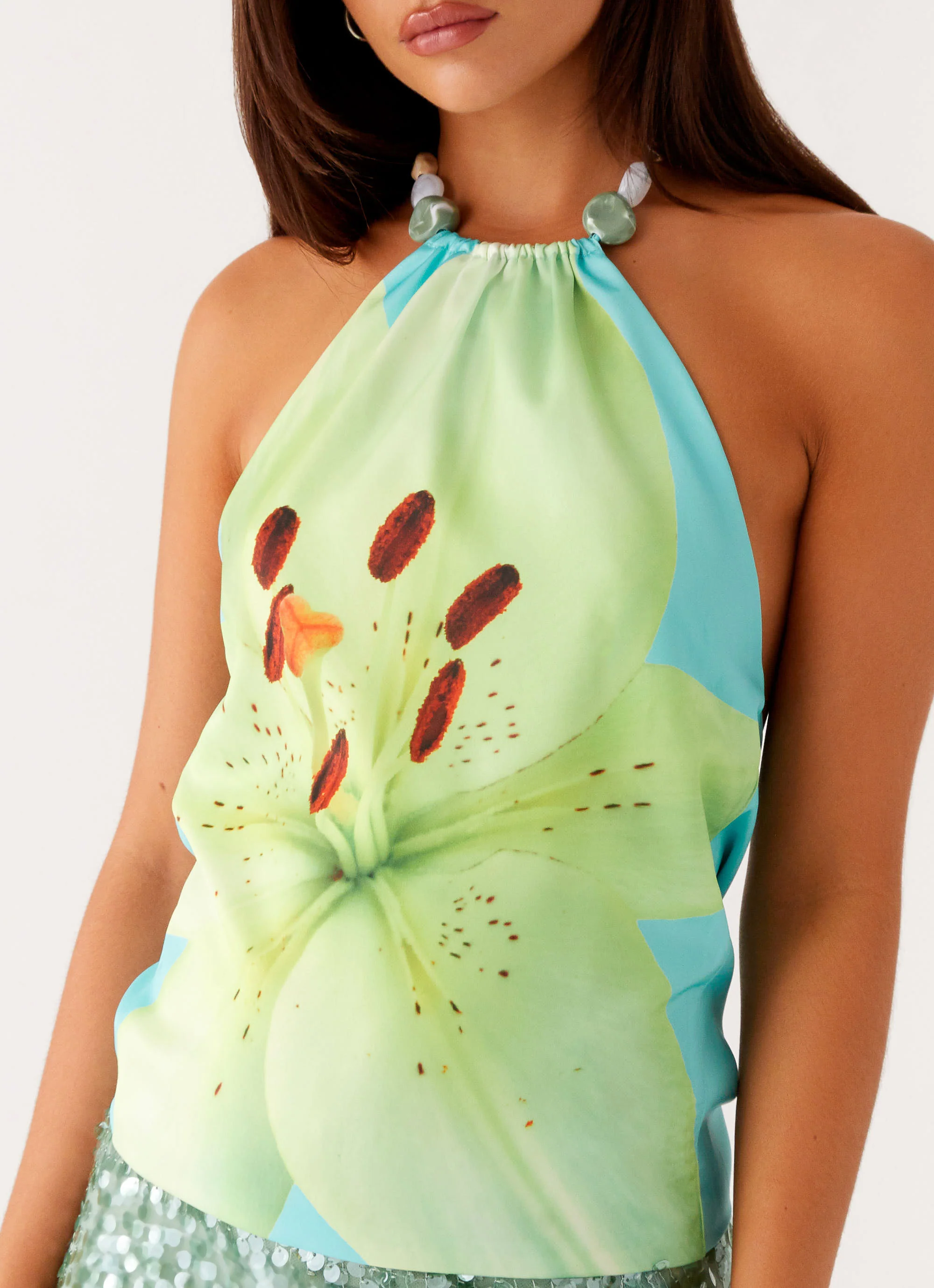 Dalila Beaded Tie Back Top - Turquoise Floral