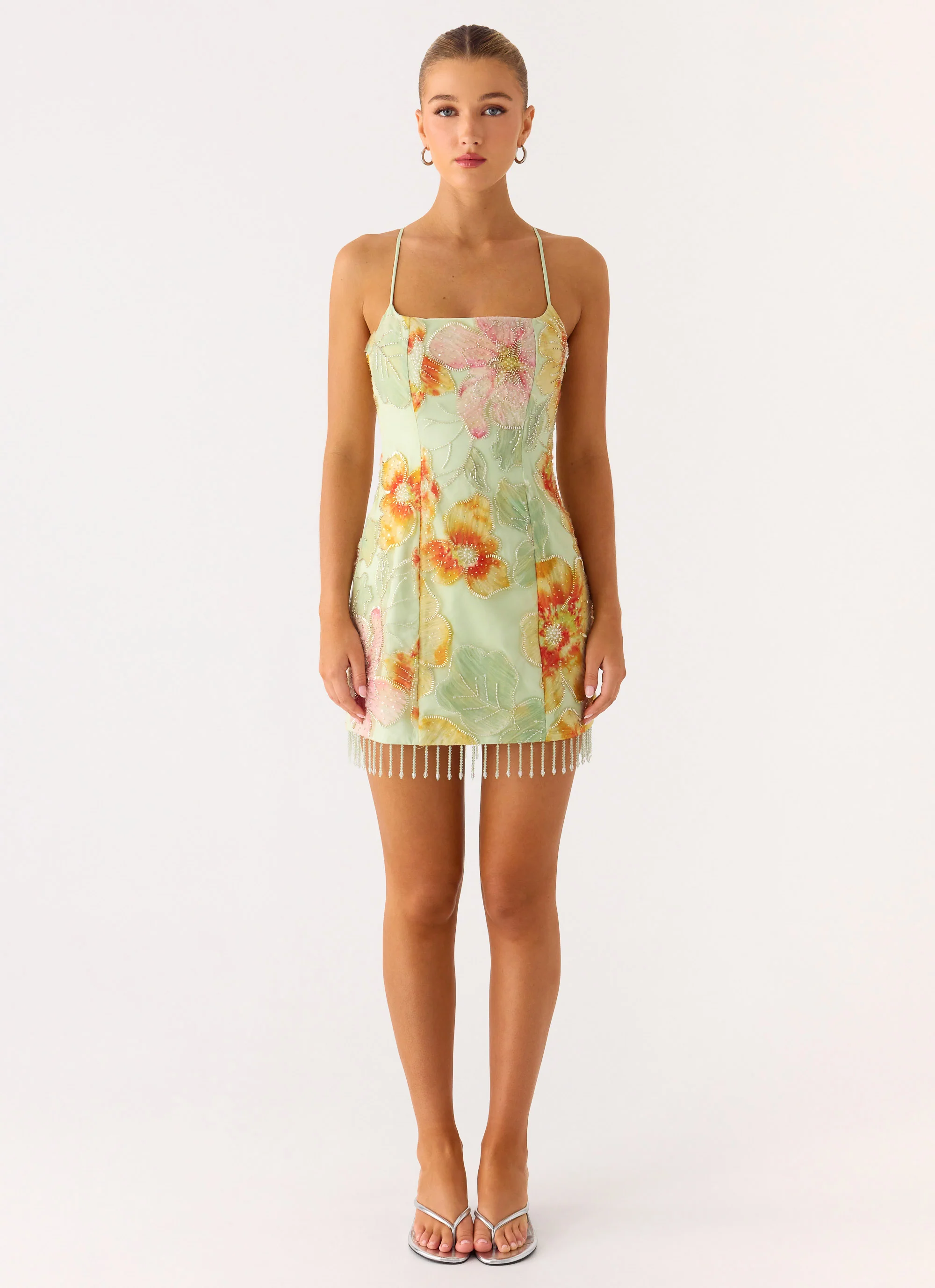 Gatiana Beaded Sequin Mini Dress - Green Floral Beaded