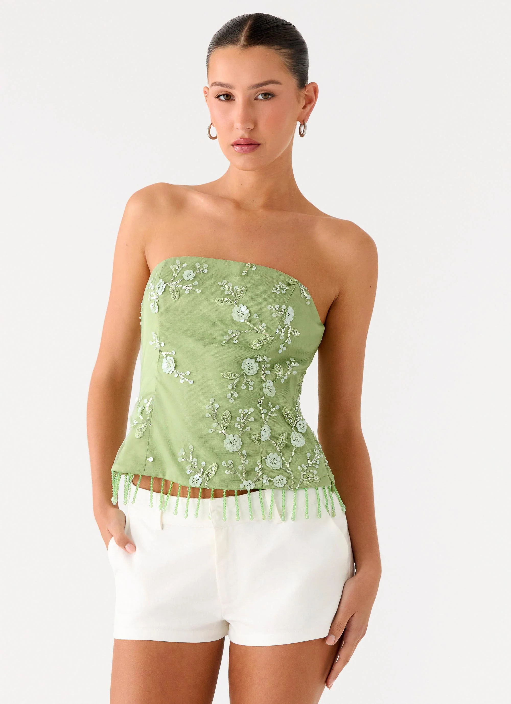 Sea Garden Beaded Strapless Top - Green