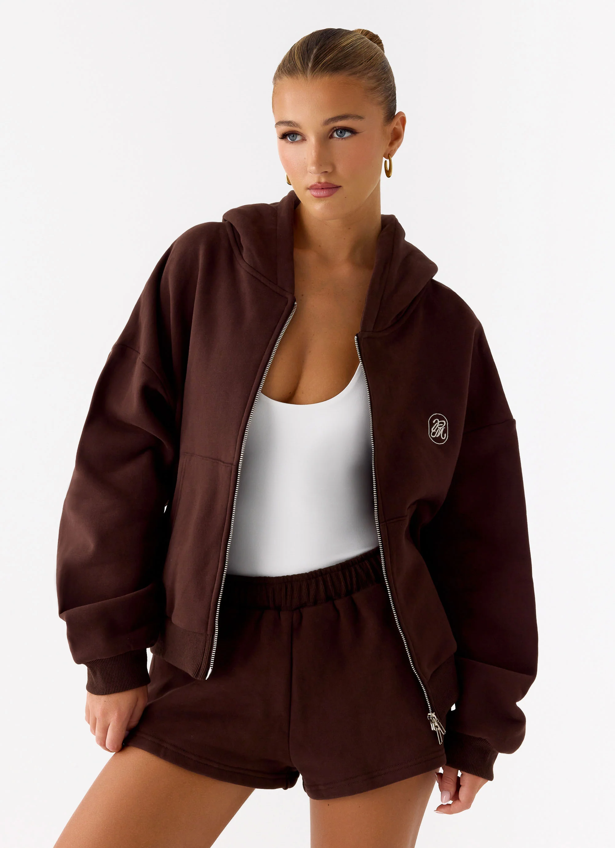 Signature Double Zip Up Hoodie - Chocolate