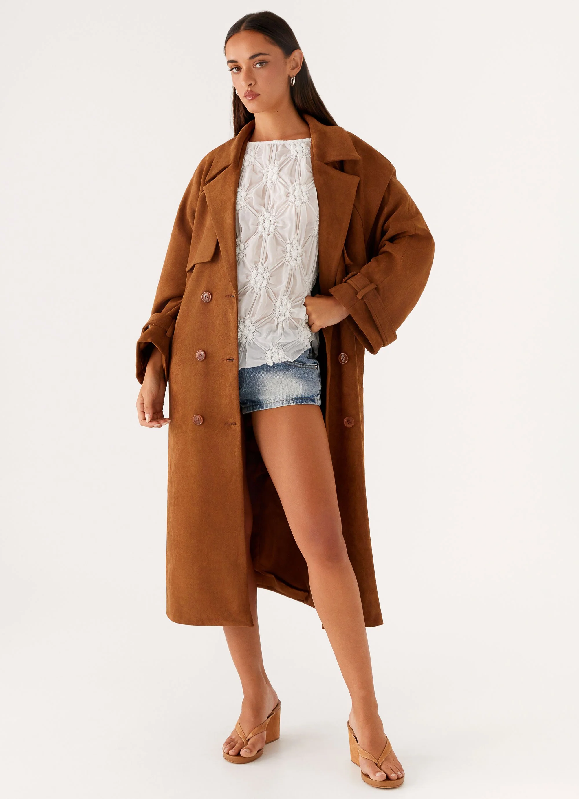 Bridie Faux Suede Trench Coat - Brown