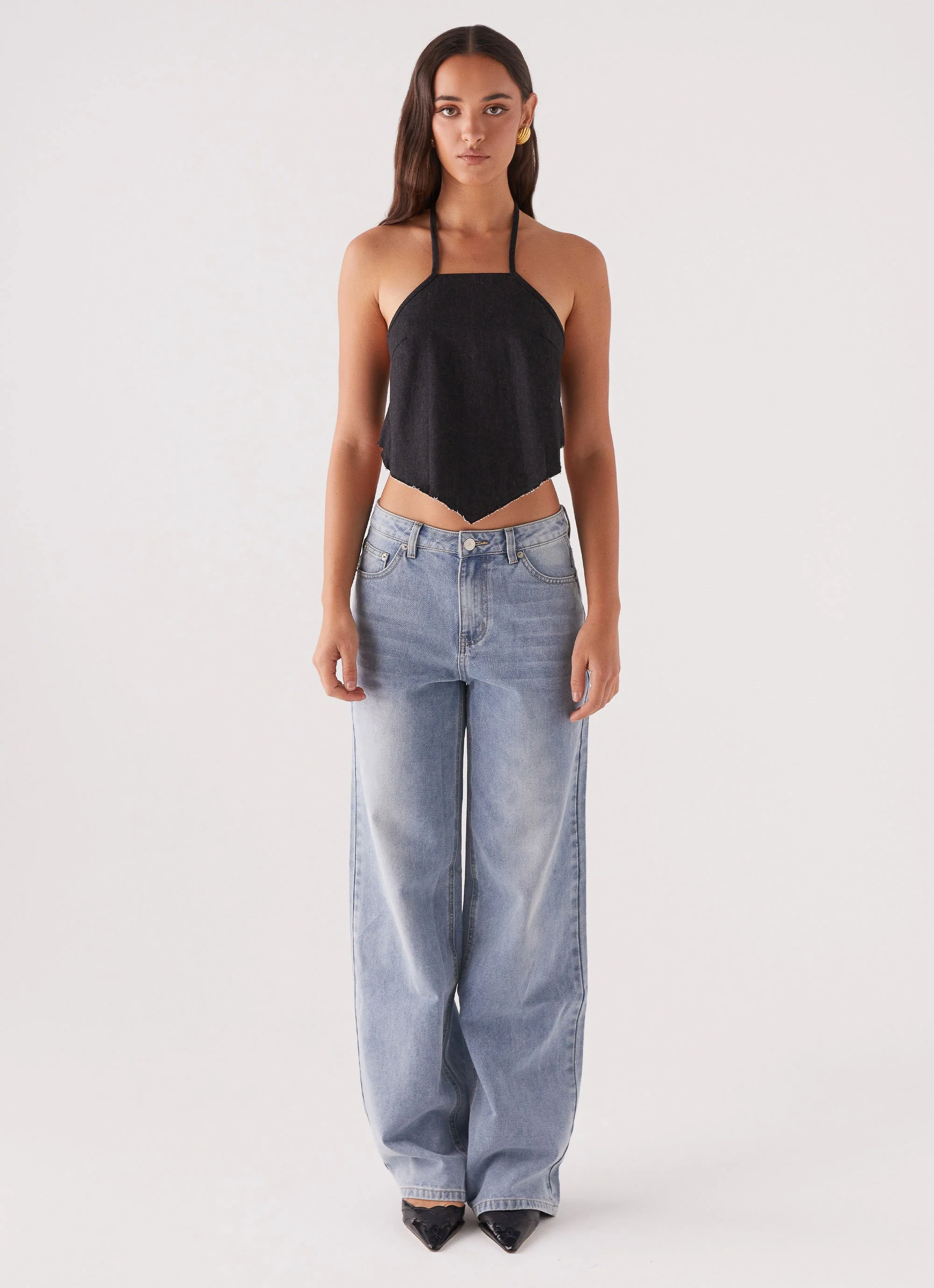 Rexi Halter Denim Top - Washed Black