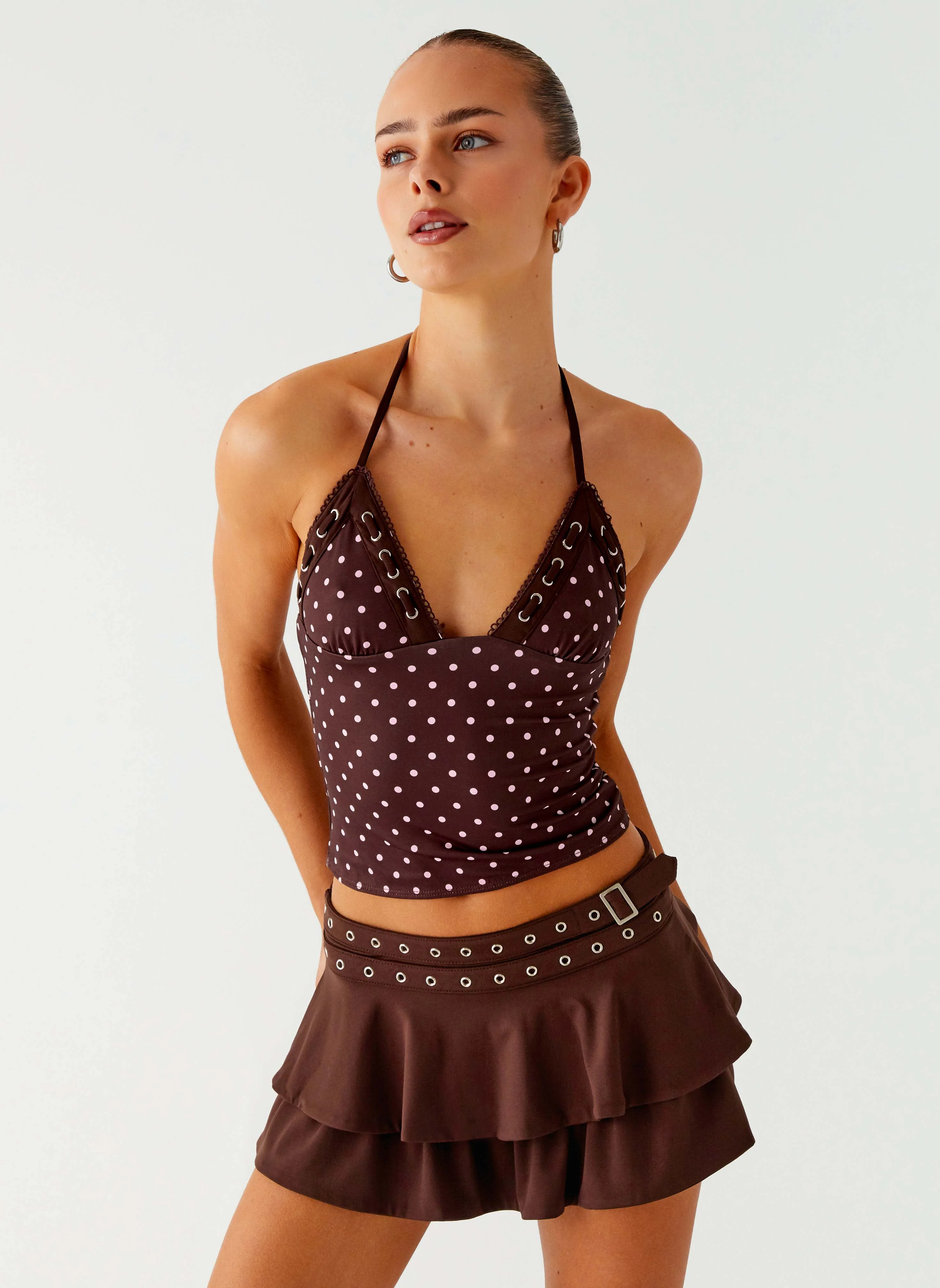 Bahama Eyelet Lace Up Top - Chocolate Strawberry Dot