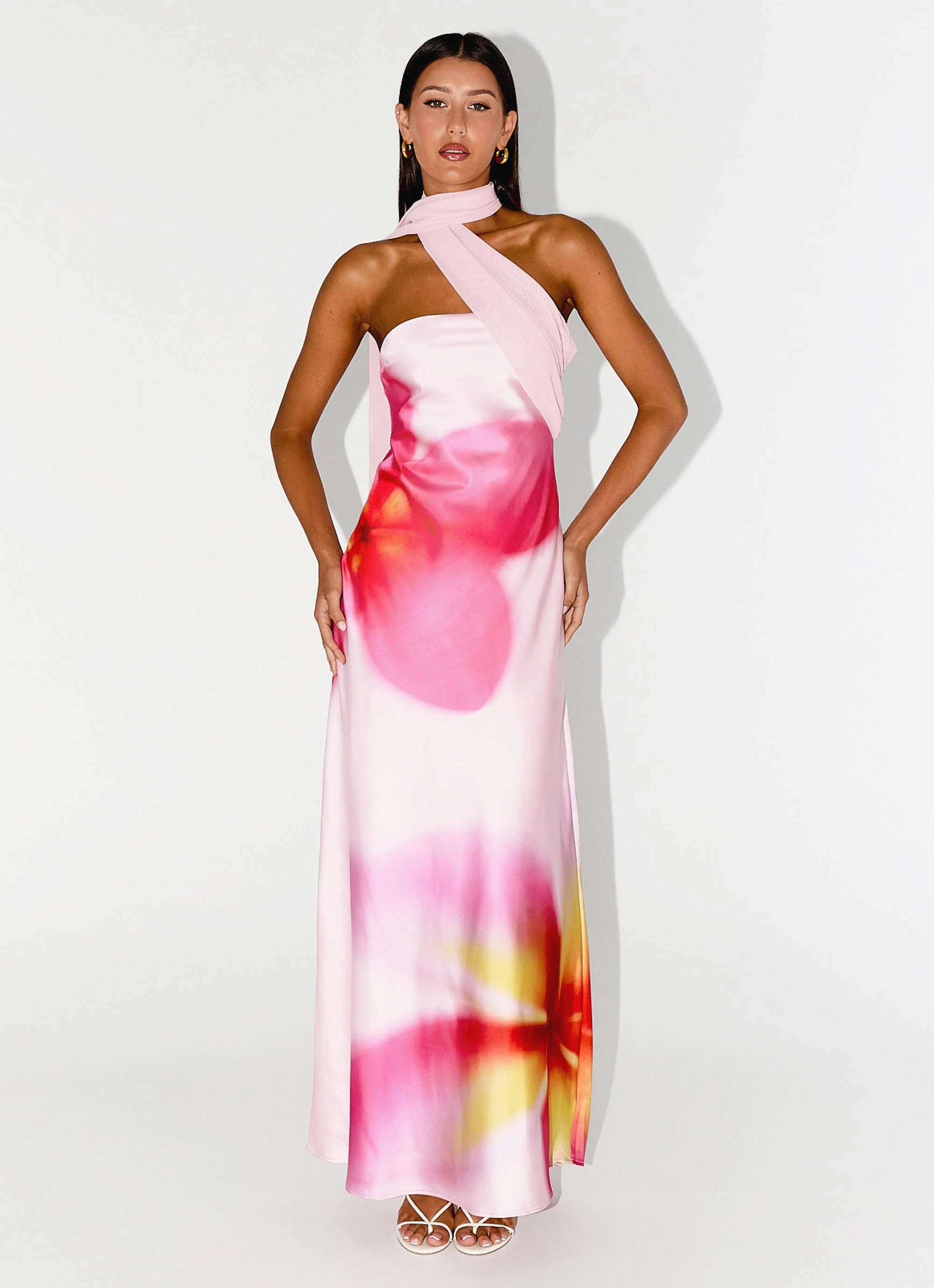 Isa Scarf Satin Maxi Dress - Frangipani Pink