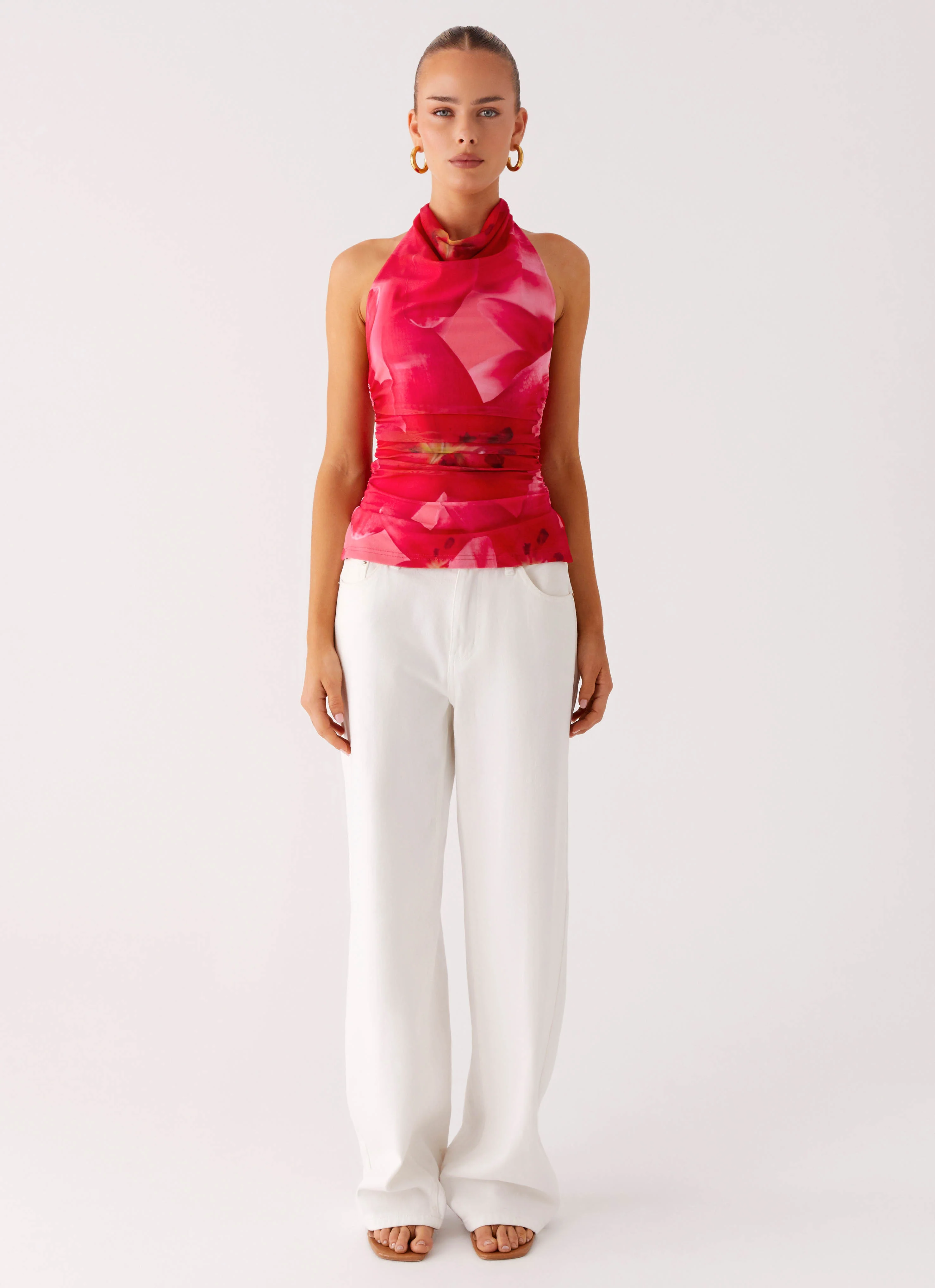 Delany Halter Top - Peach Watermelon Flower