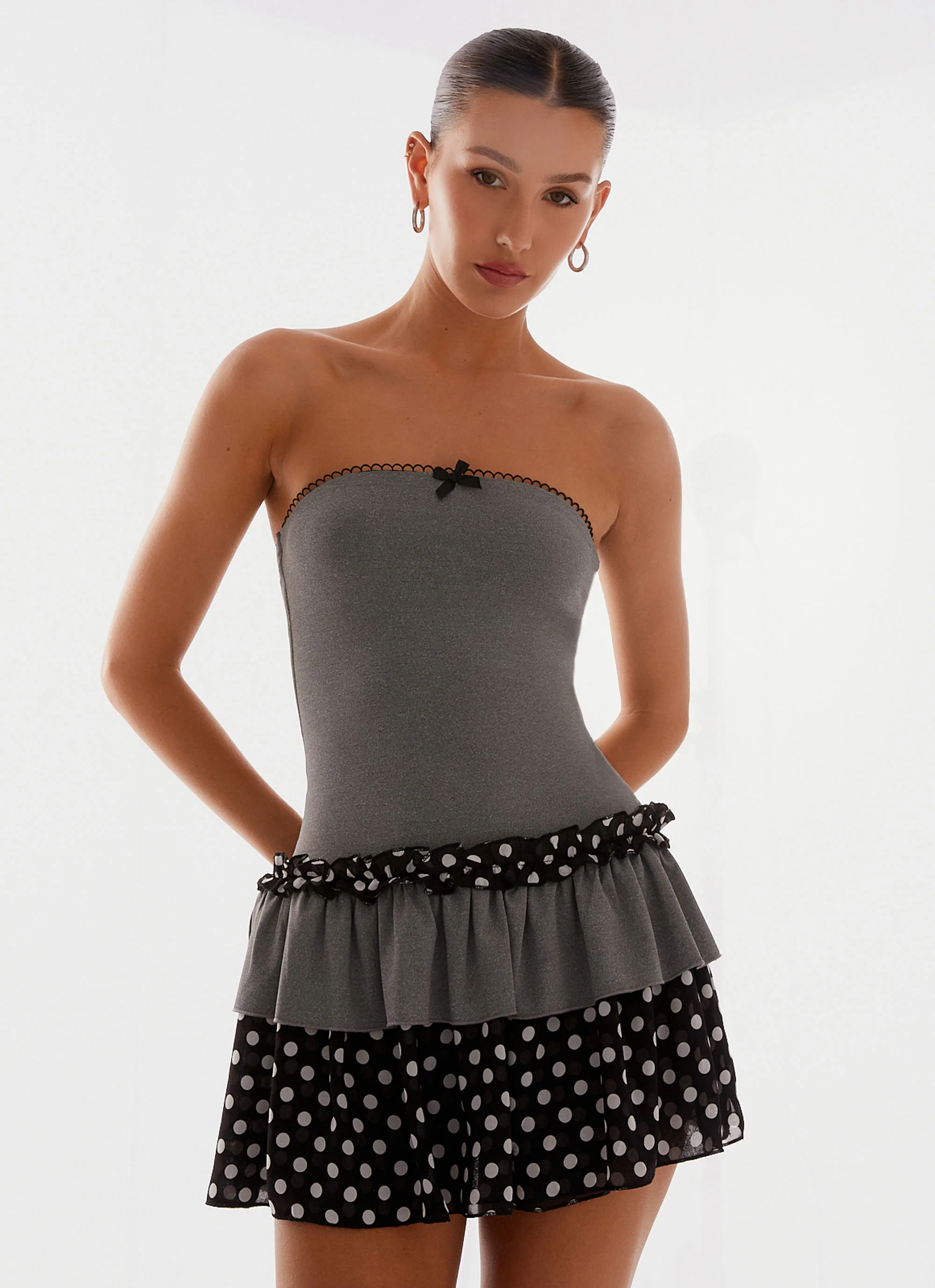 Yerin Strapless Frill Mini Dress - Grey Polkadot