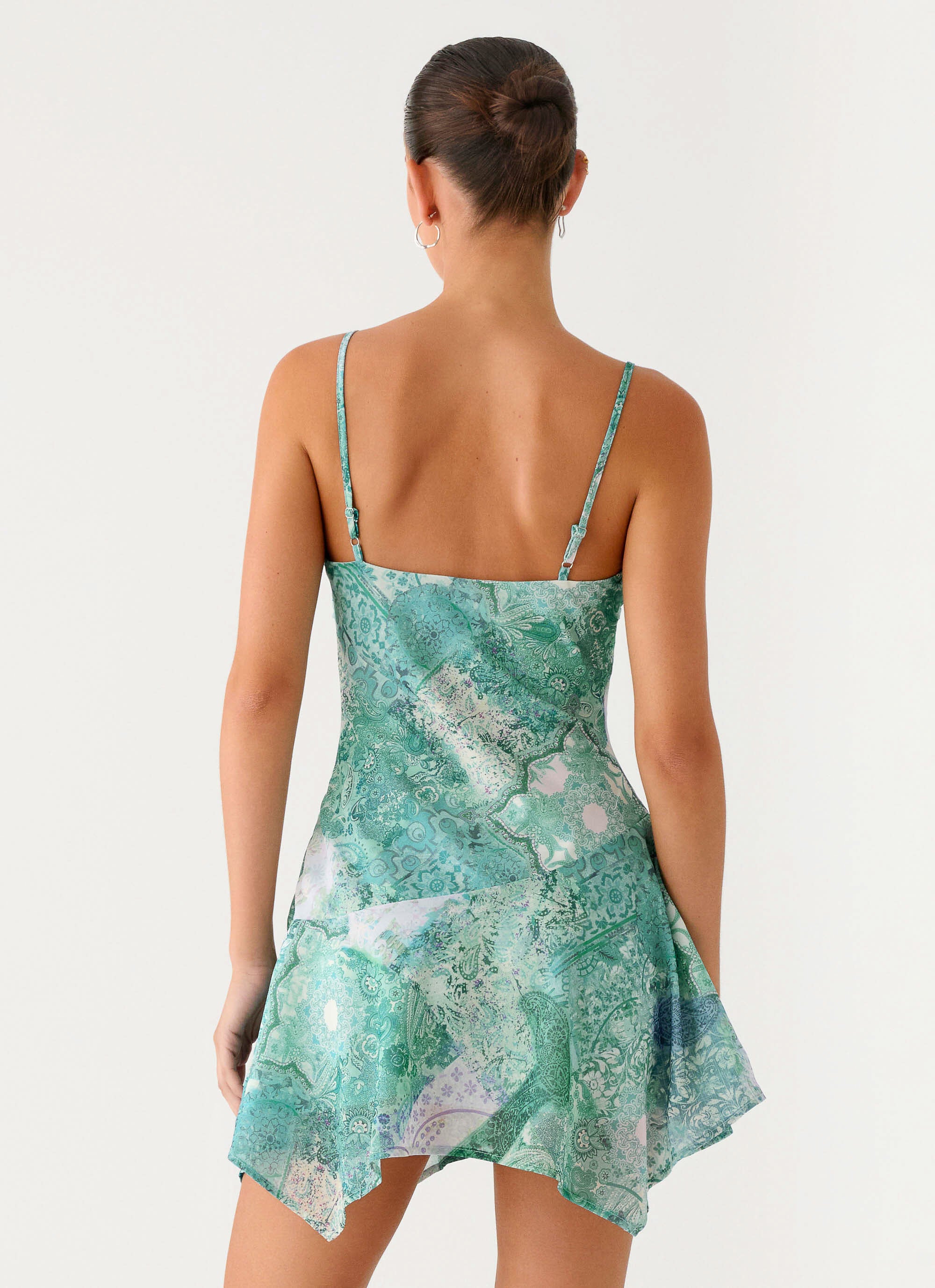 Marine Mist Asymmetric Hem Mini Dress - Green Paisley