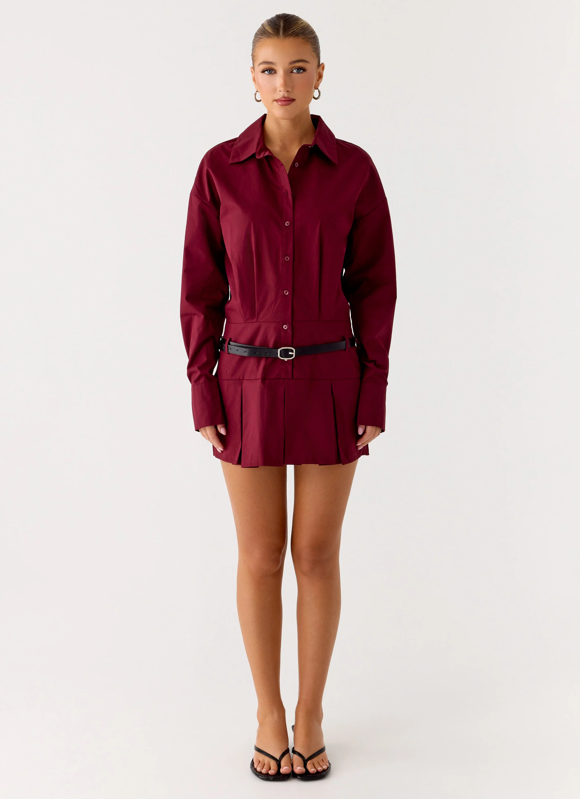 Rio Pleated Shirt Mini Dress - Maroon