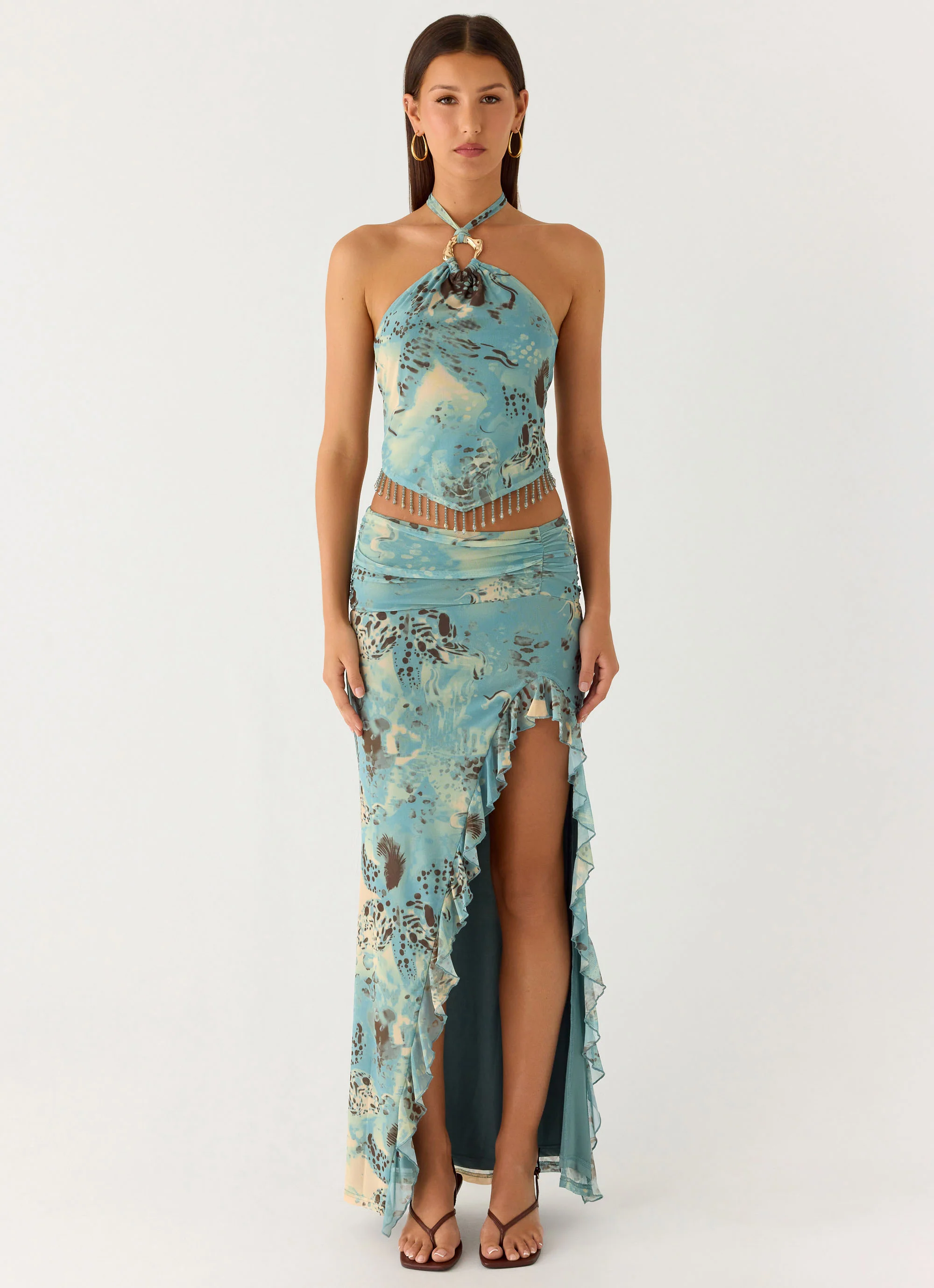 Lloyd Beaded Halter Top - Aqua Blur