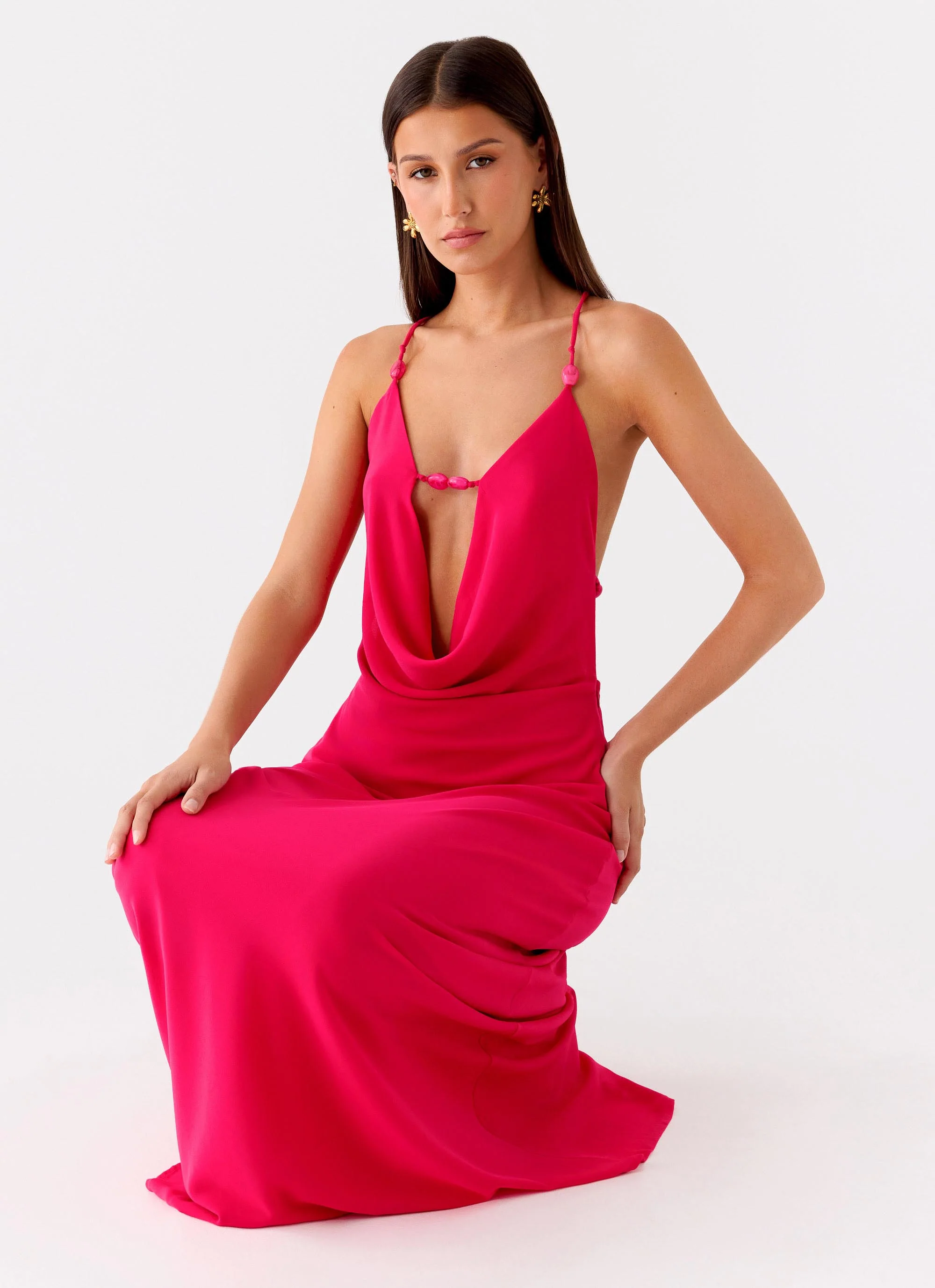 Tropic Muse Beaded Cowl Maxi Dress - Fuchsia