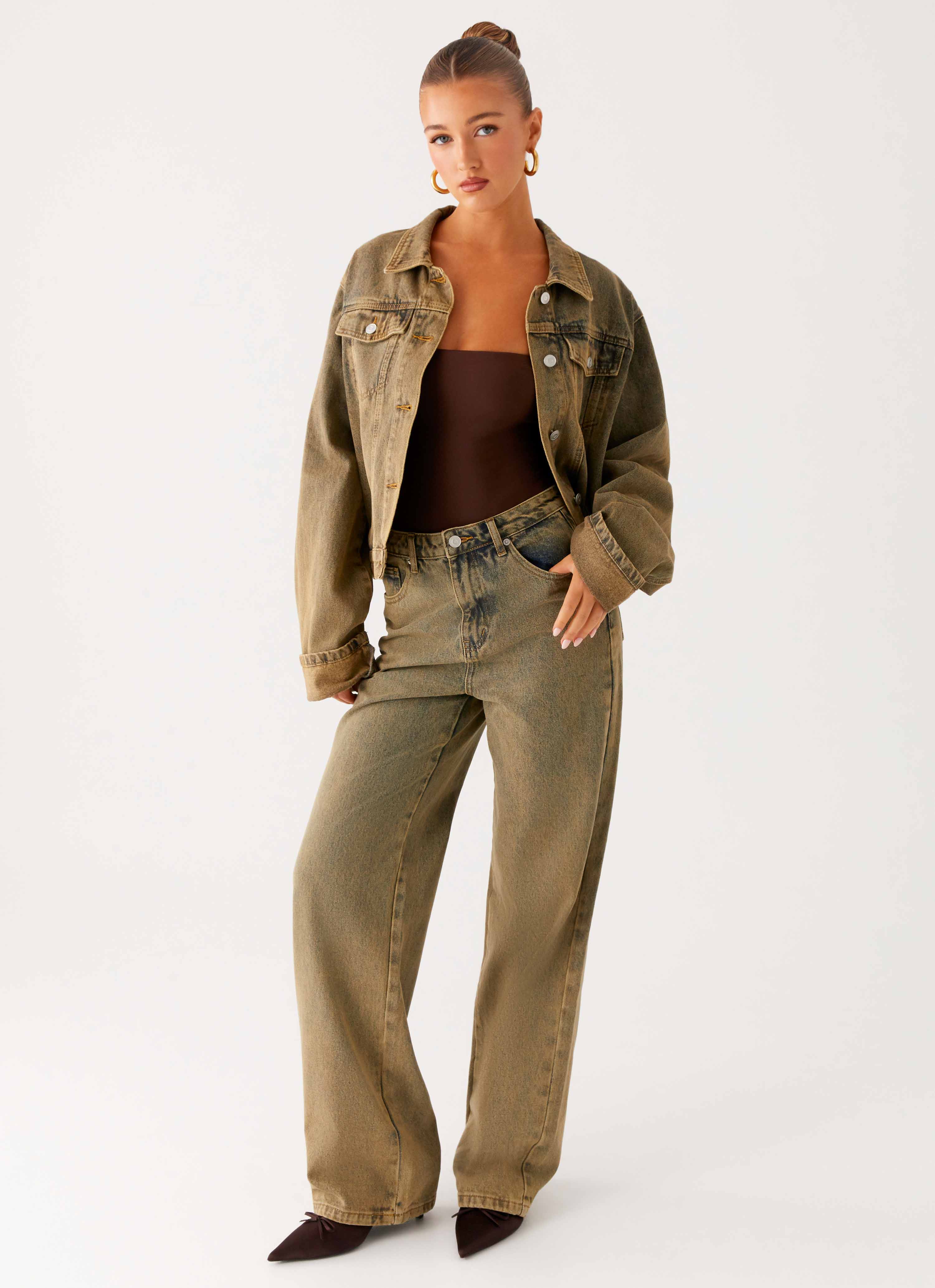 Back Again Straight Leg Denim Jeans - Brown Sand Wash