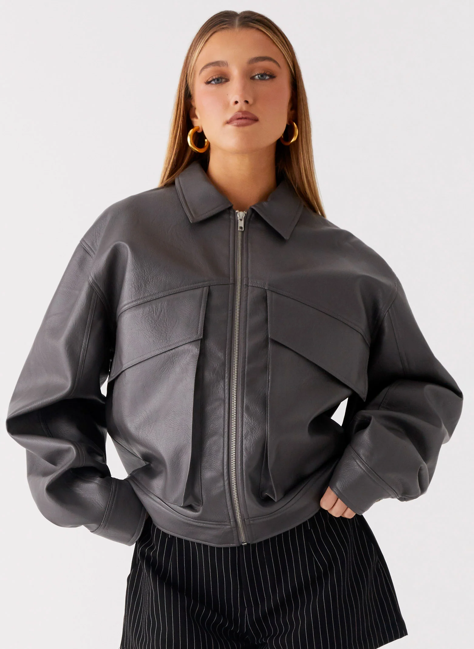 Lula Faux Leather Bomber Jacket - Charcoal