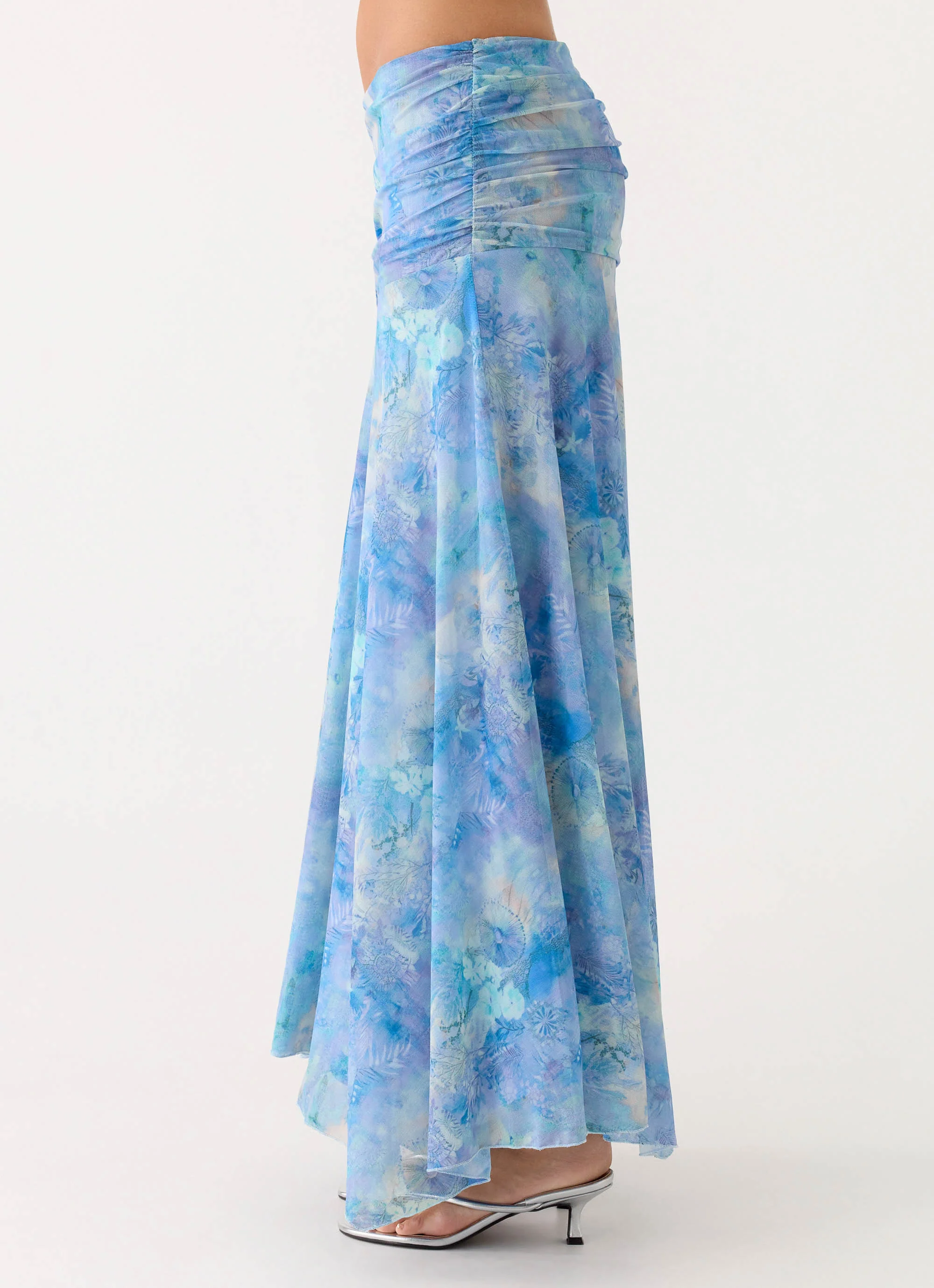 Liana Ruched Maxi Skirt - Aqua Paisley