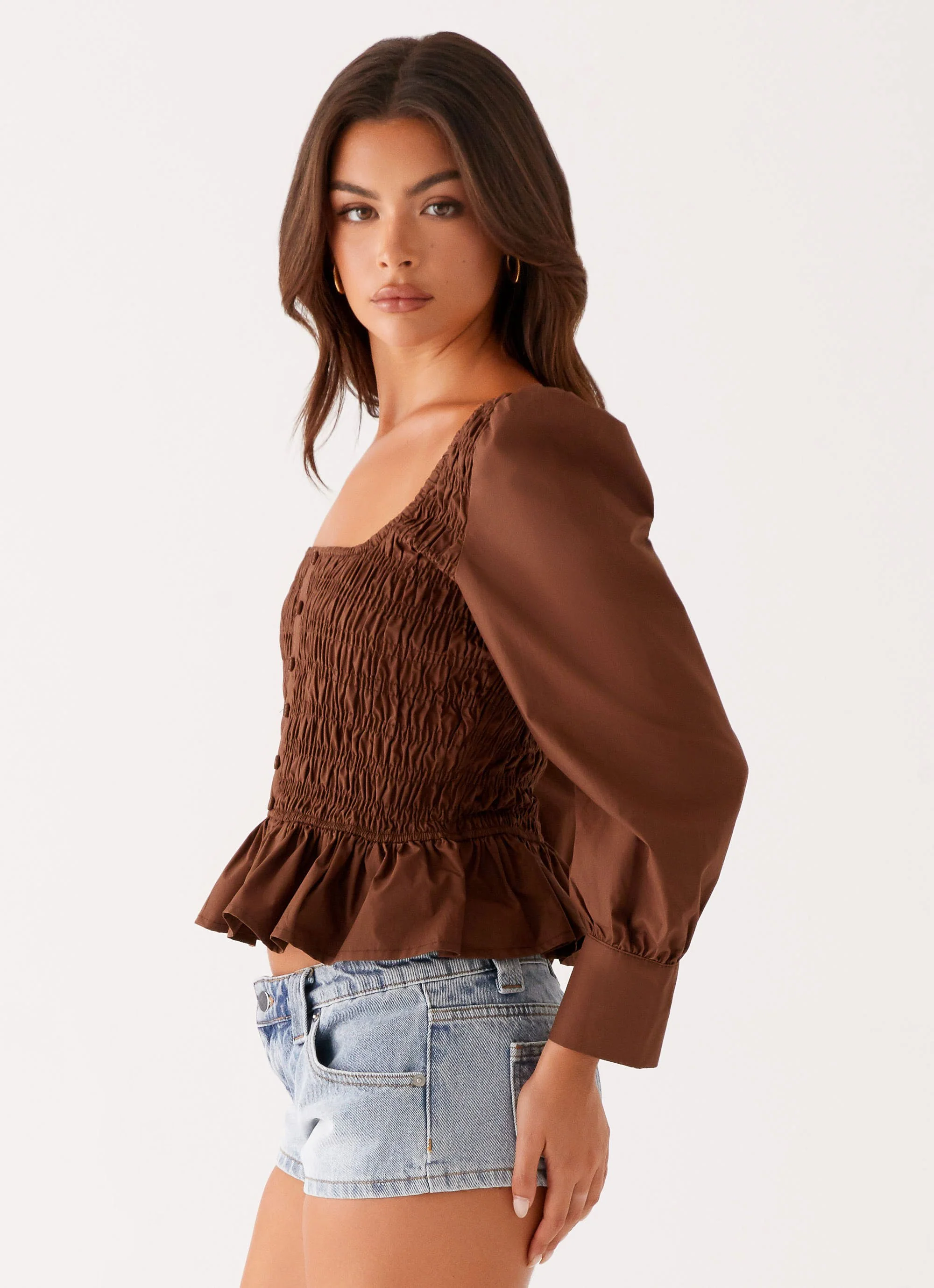 Joyce Long Sleeve Cotton Shirred Top - Chocolate