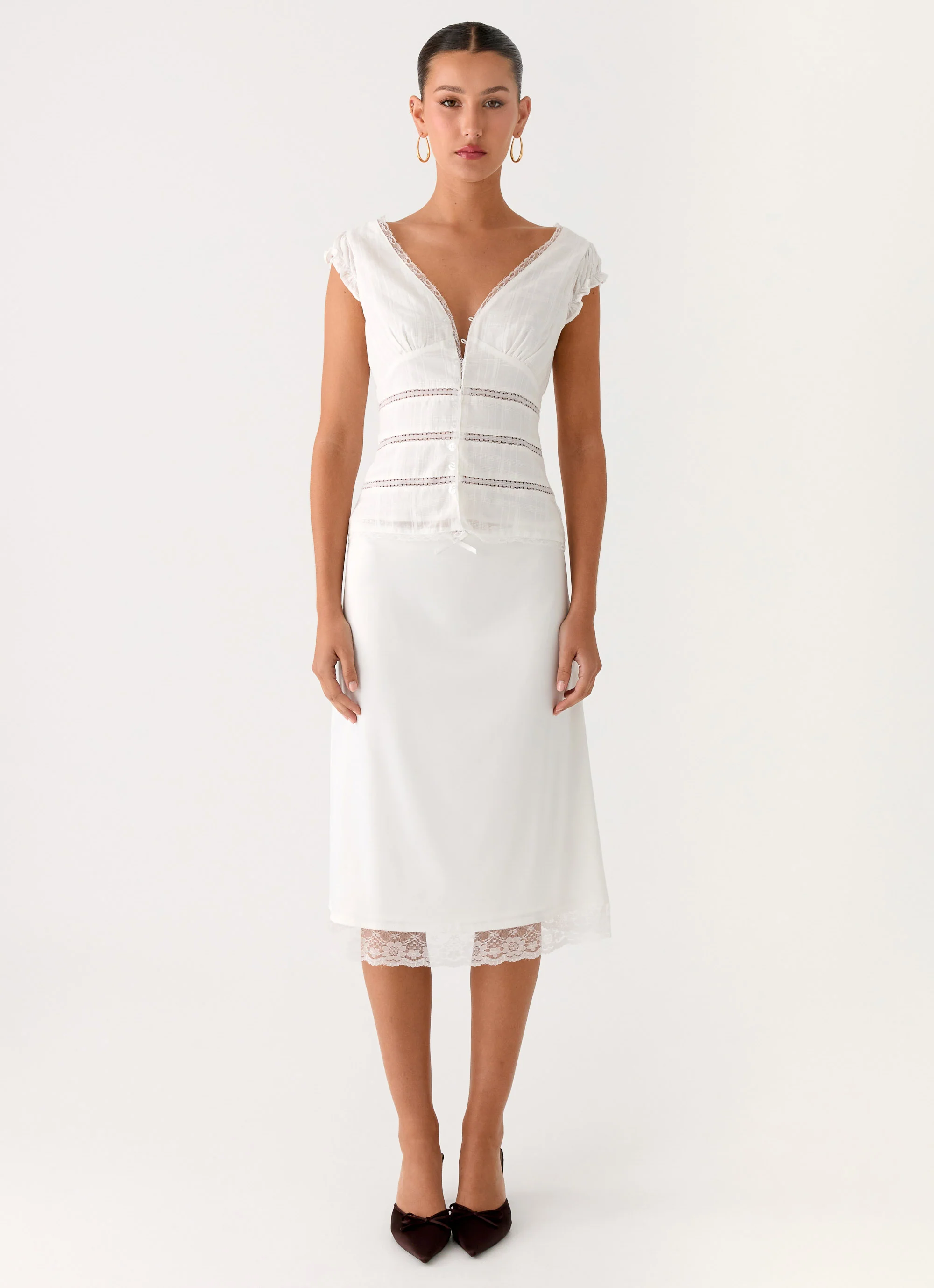 Rina Low Rise Satin Midi Skirt - White