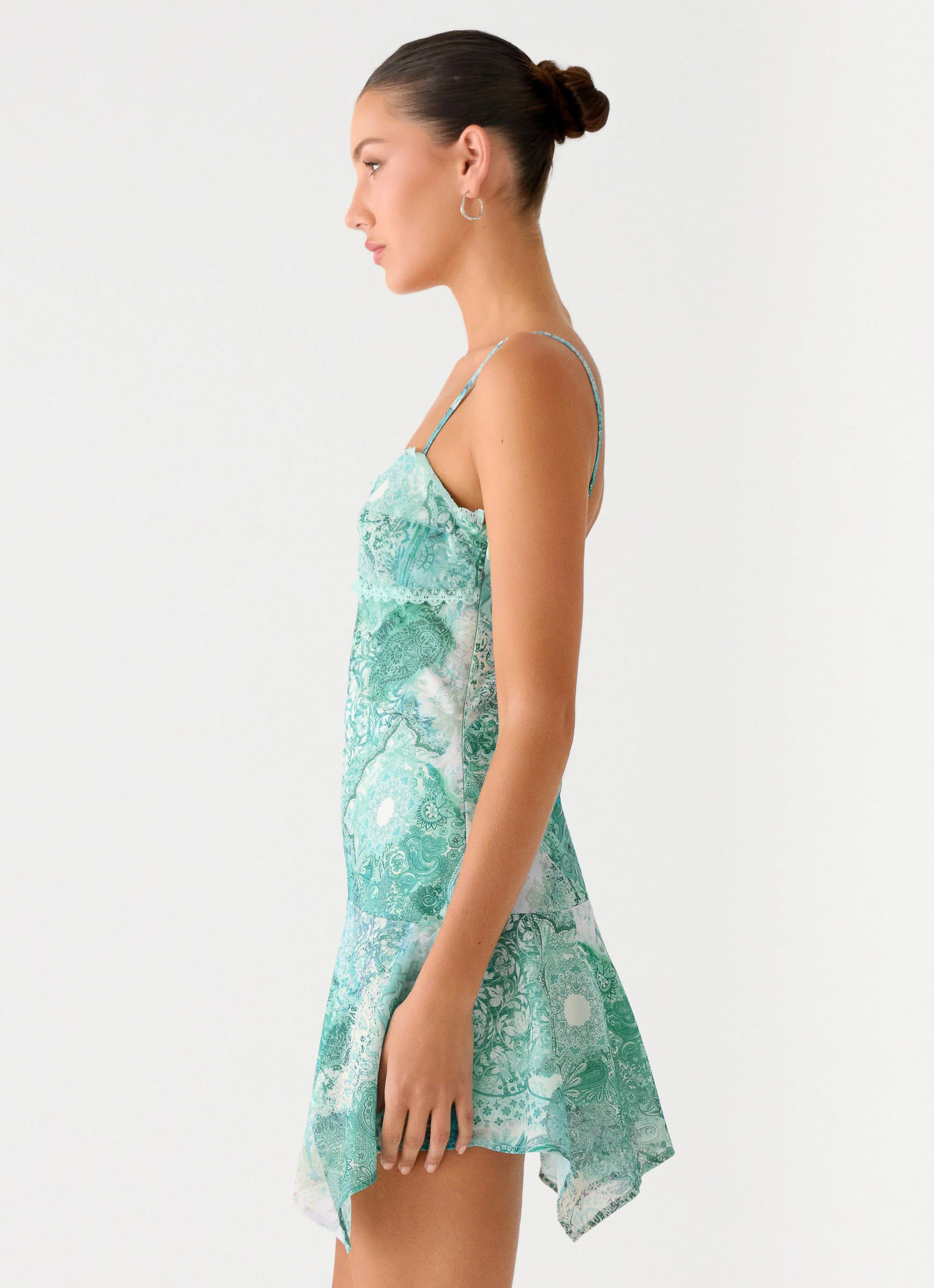 Marine Mist Asymmetric Hem Mini Dress - Green Paisley