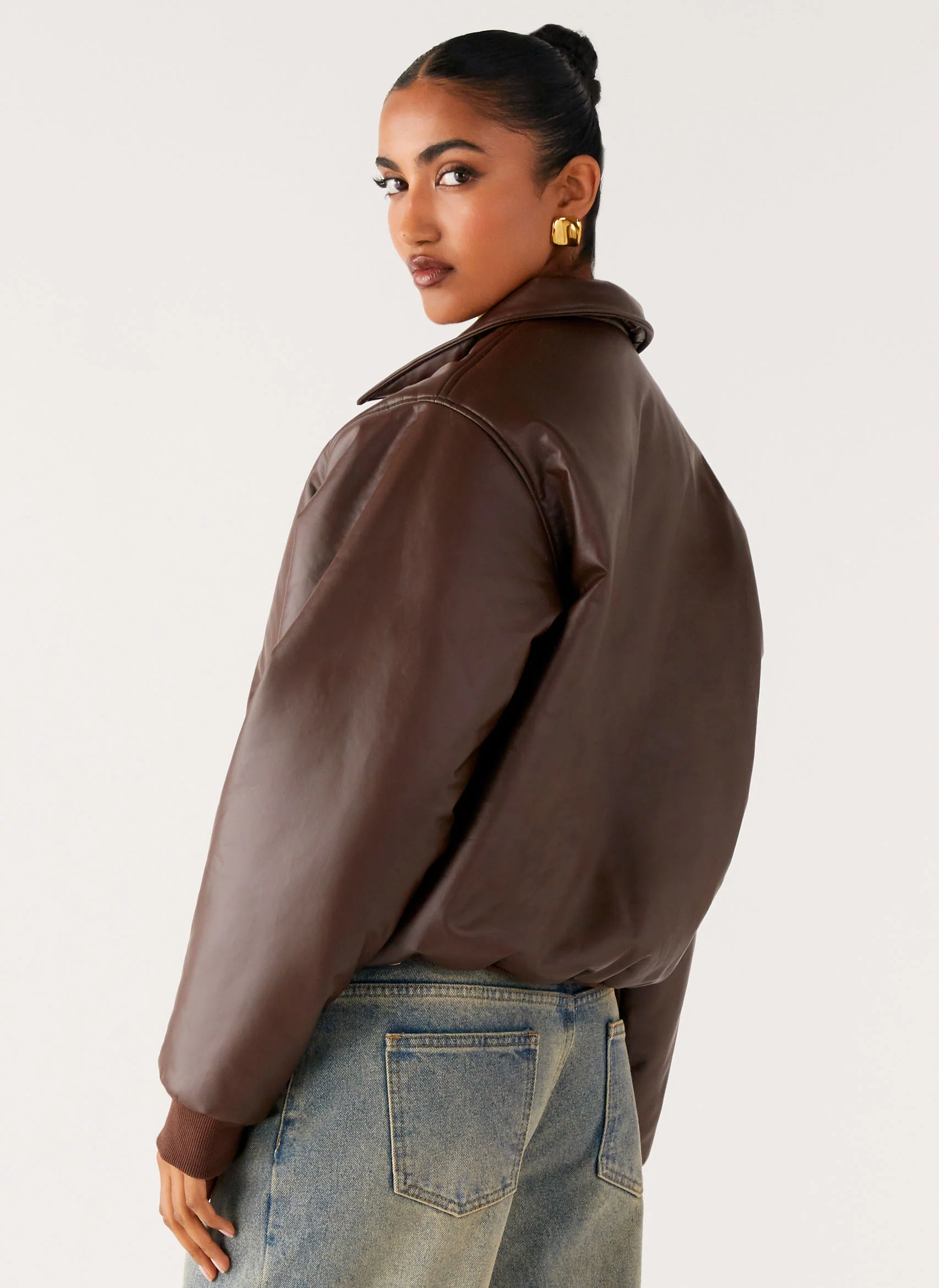 Outlands Faux Leather Bomber Jacket - Chocolate