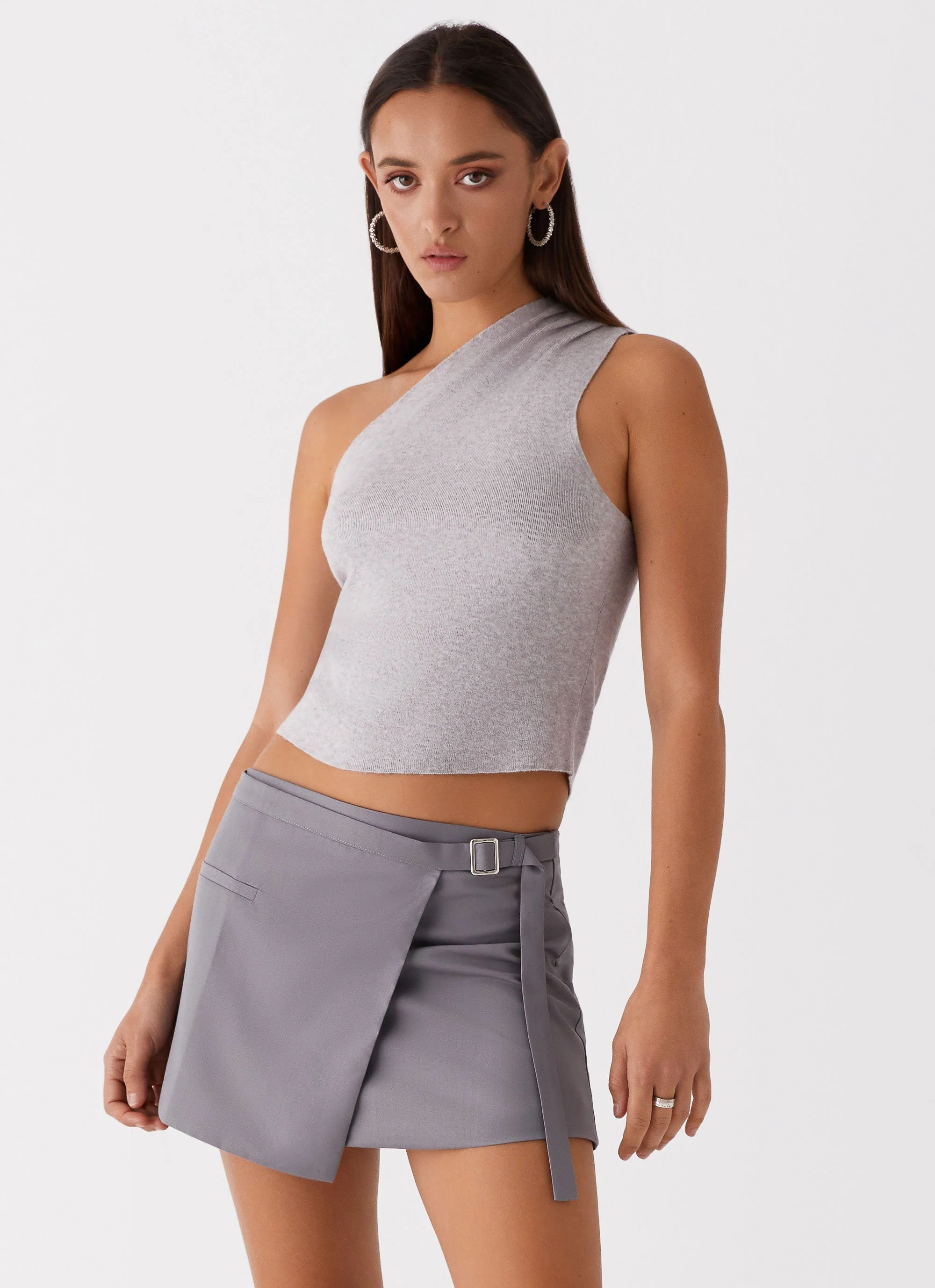 Indy One Shoulder Knit Top - Grey