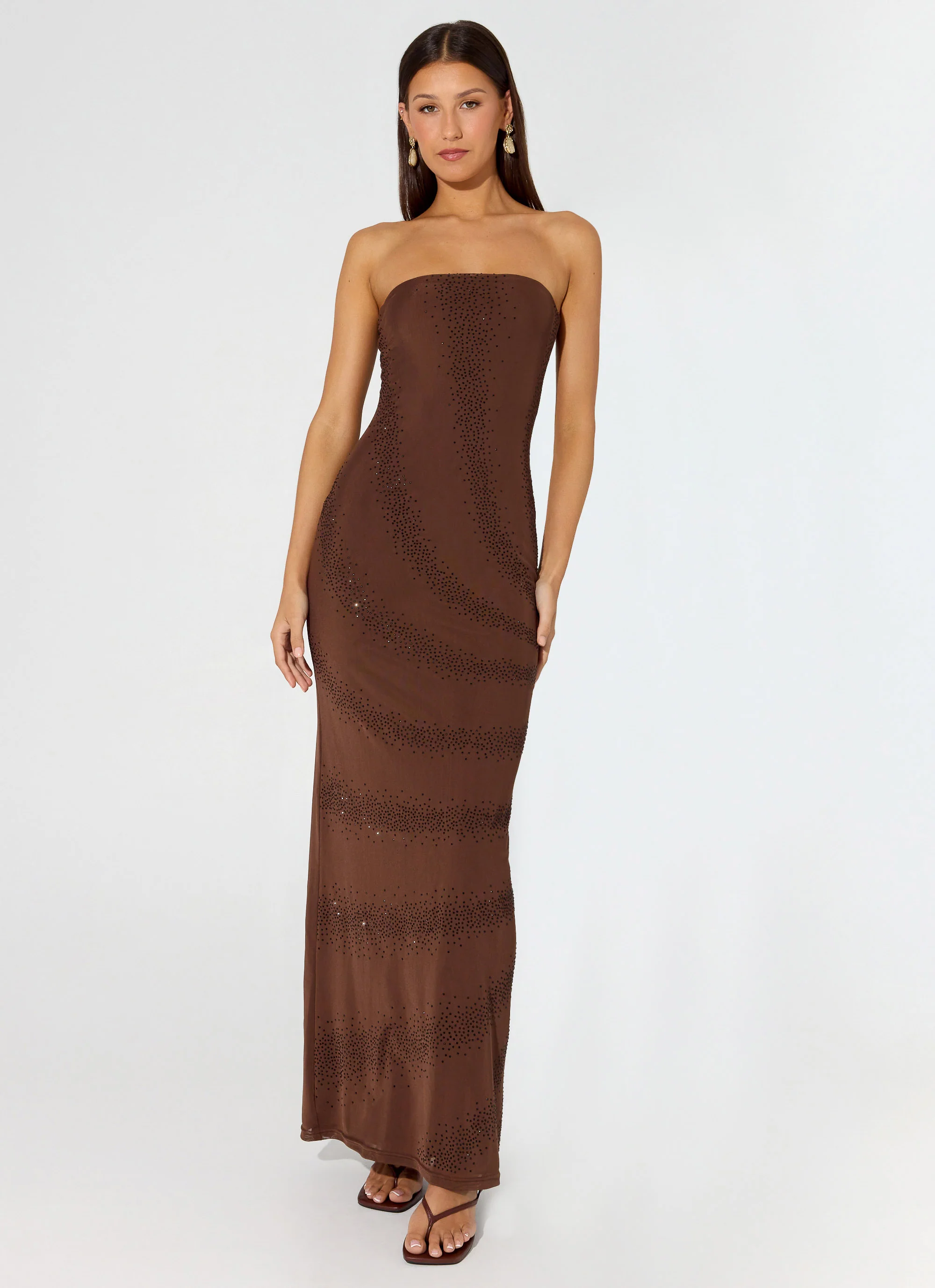 Belisse Beaded Mesh Maxi Dress - Chocolate