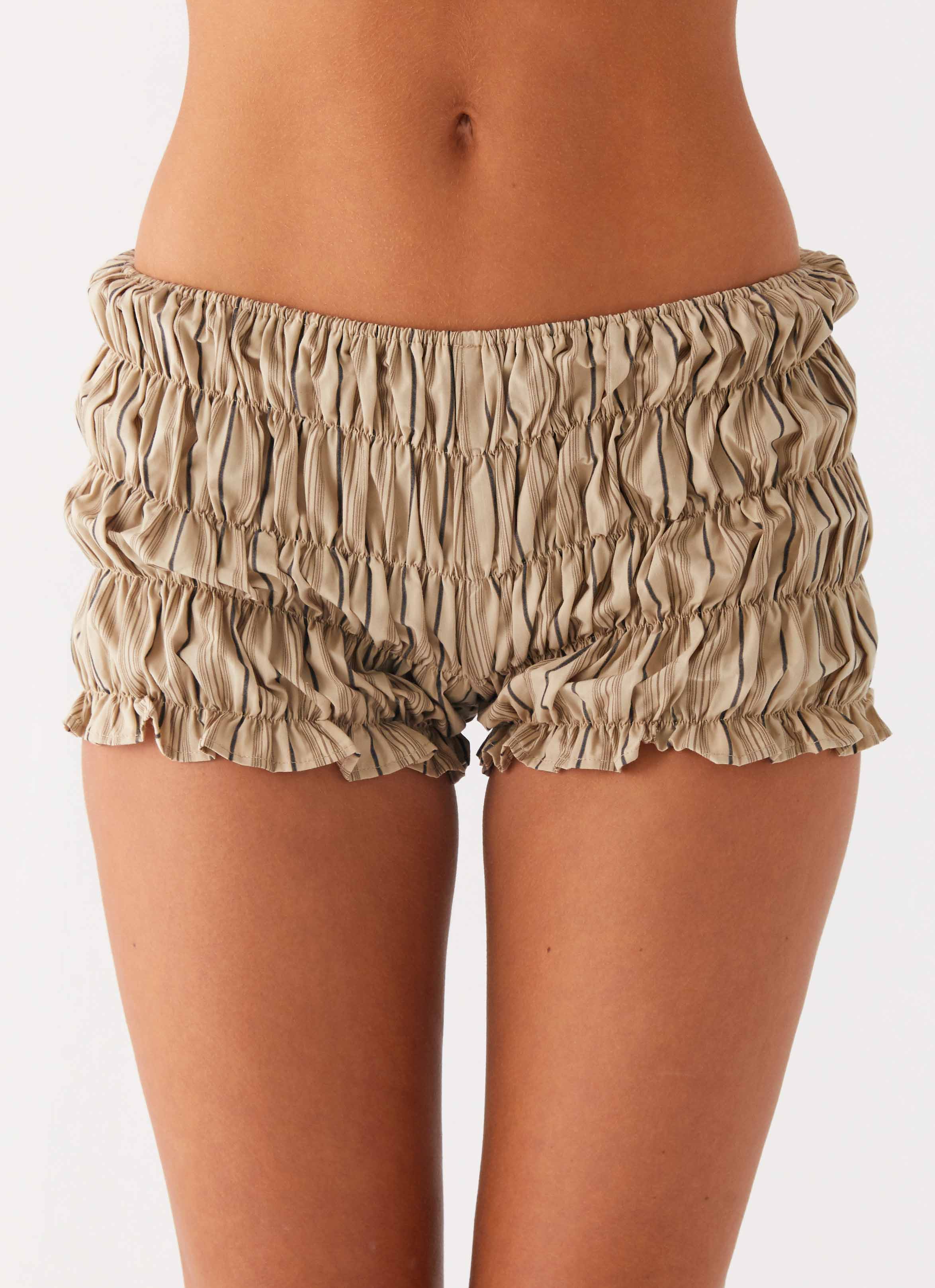 Girls Like Us Ruched Mini Shorts - Oatmeal Stripe