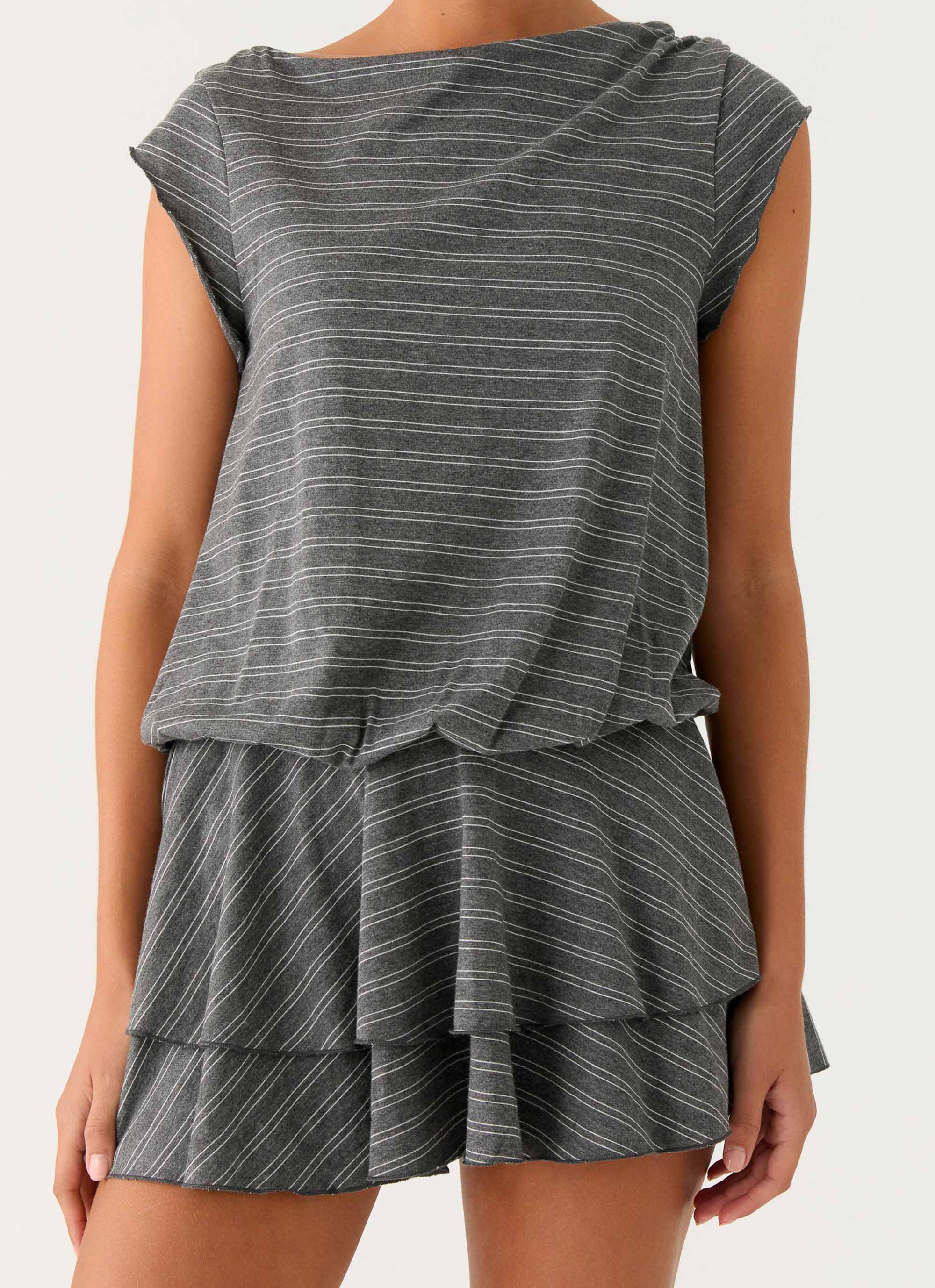 Bambola Wide Neck Mini Dress - Grey Marle Stripe