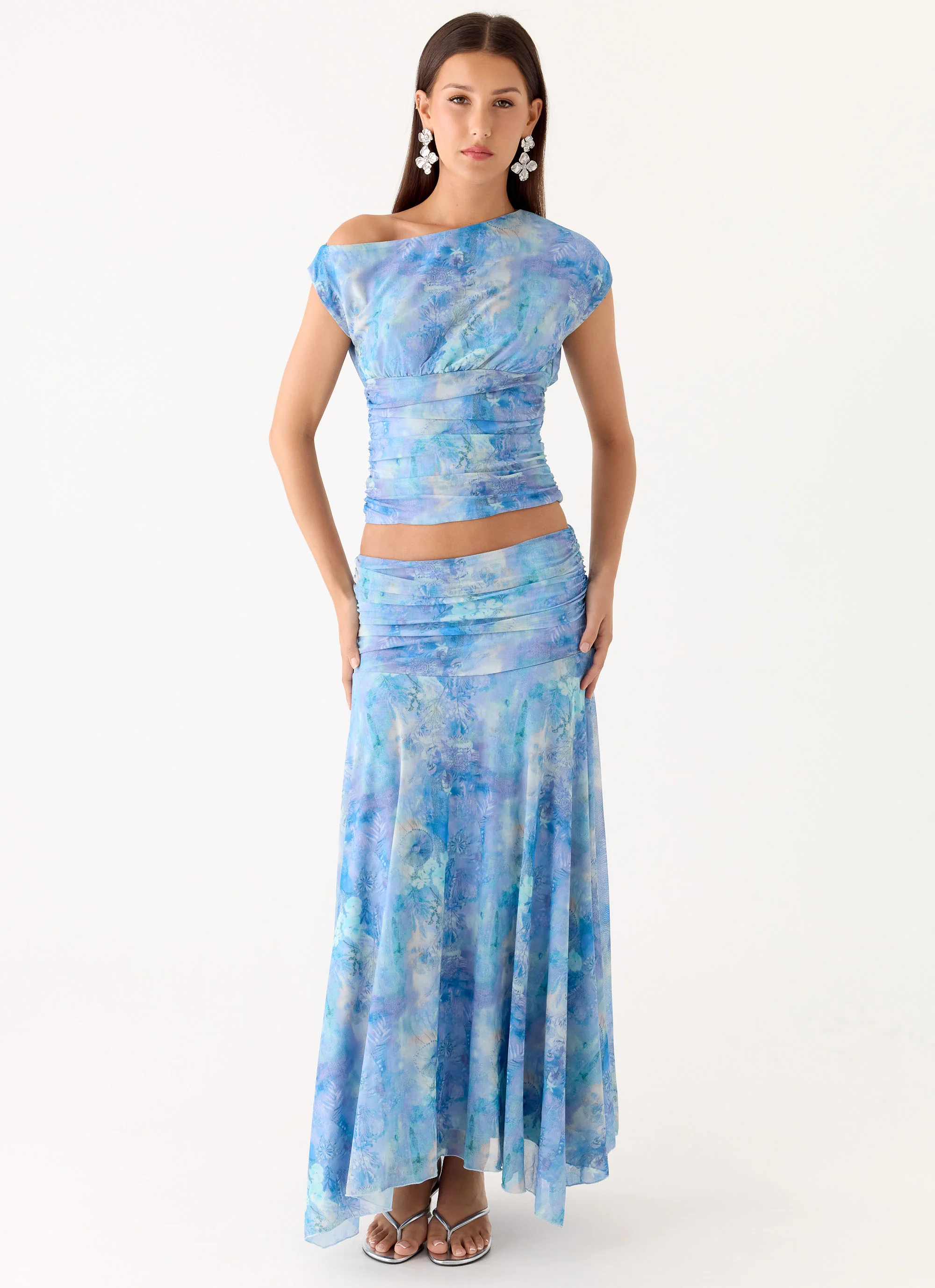 Liana Ruched Maxi Skirt - Aqua Paisley