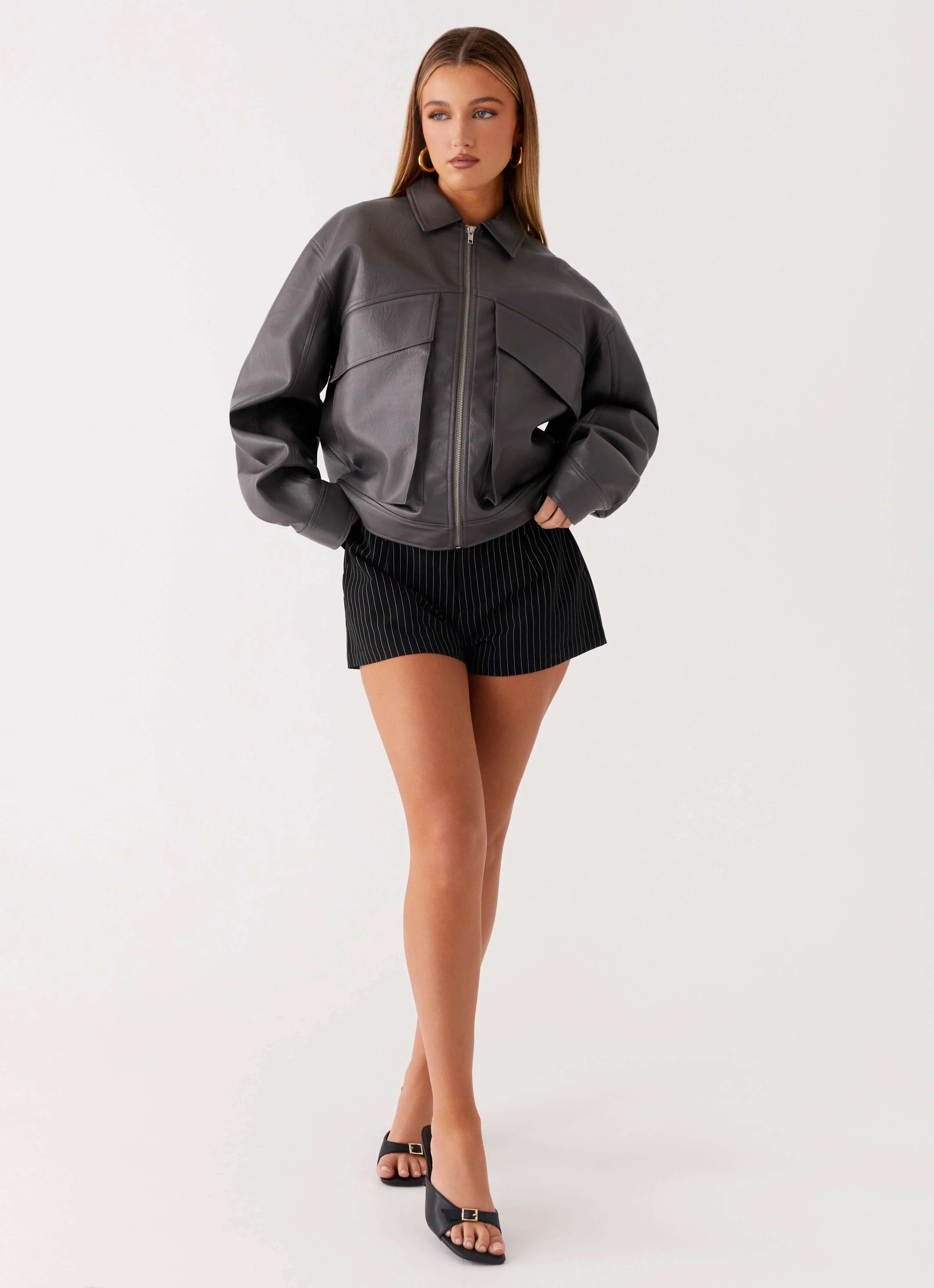 Lula Faux Leather Bomber Jacket - Charcoal