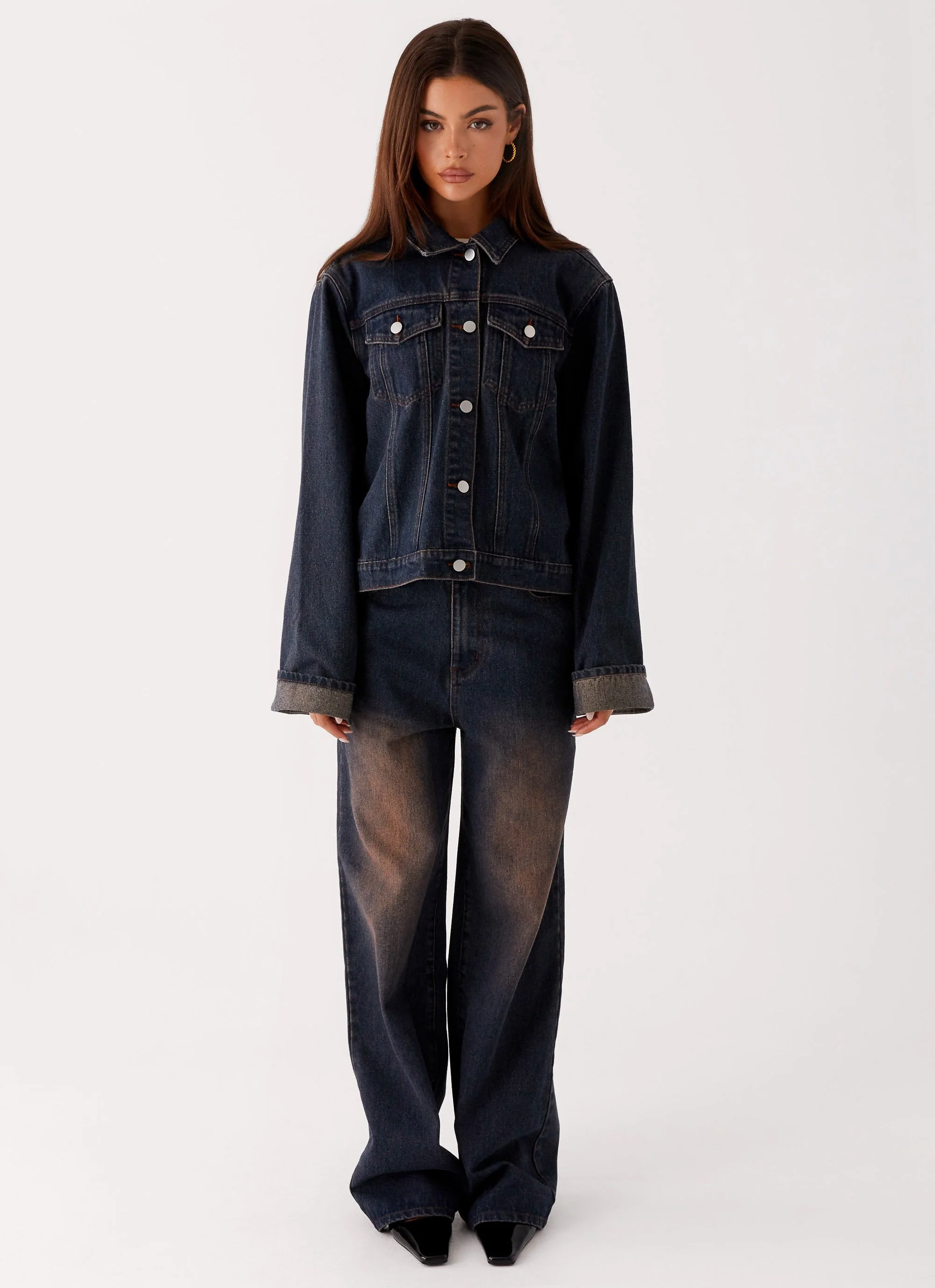 Back Again Oversized Denim Jacket - Brown Blue Acid Wash