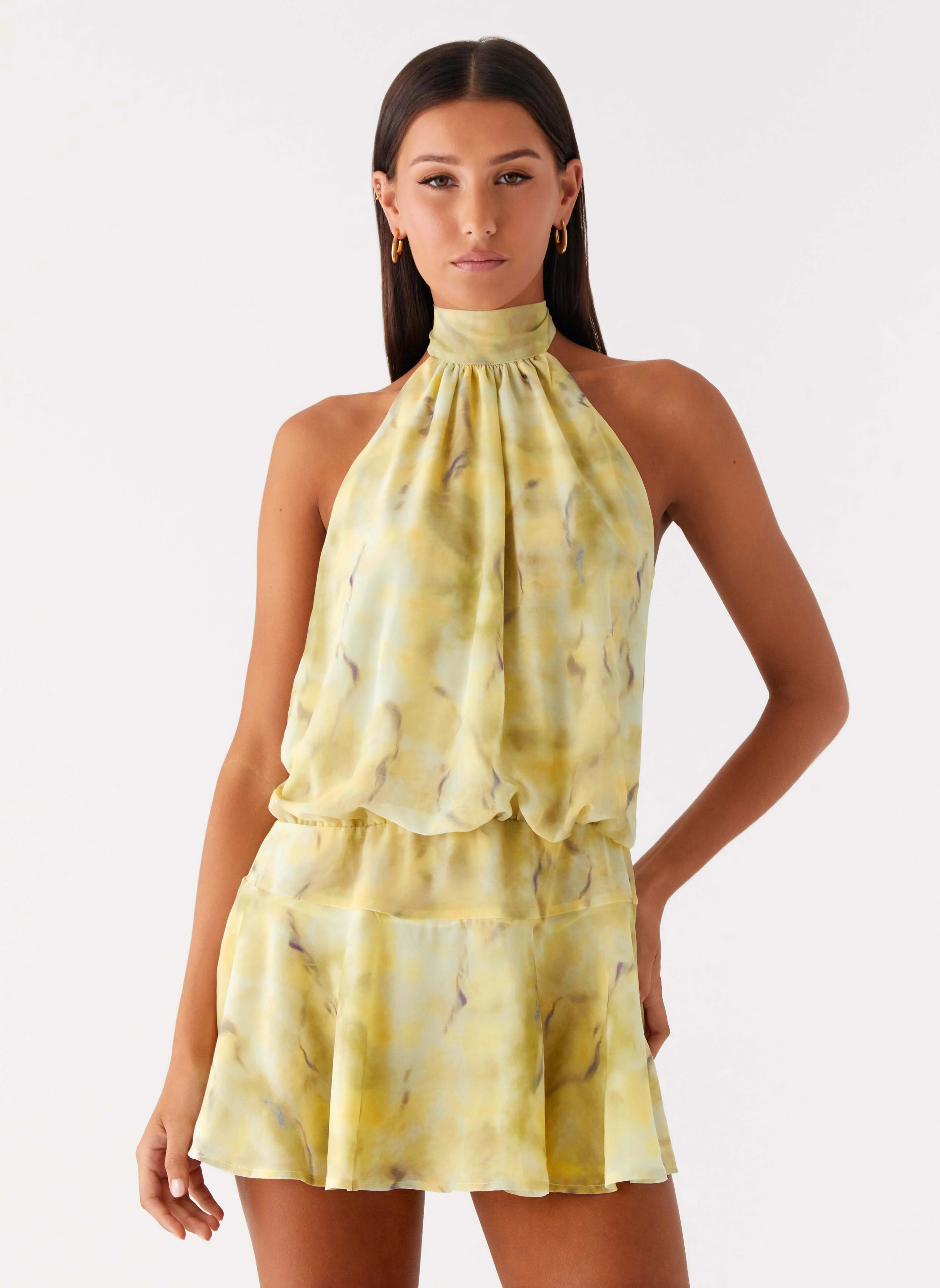 First Date Halter Mini Dress - Yellow Tie Dye