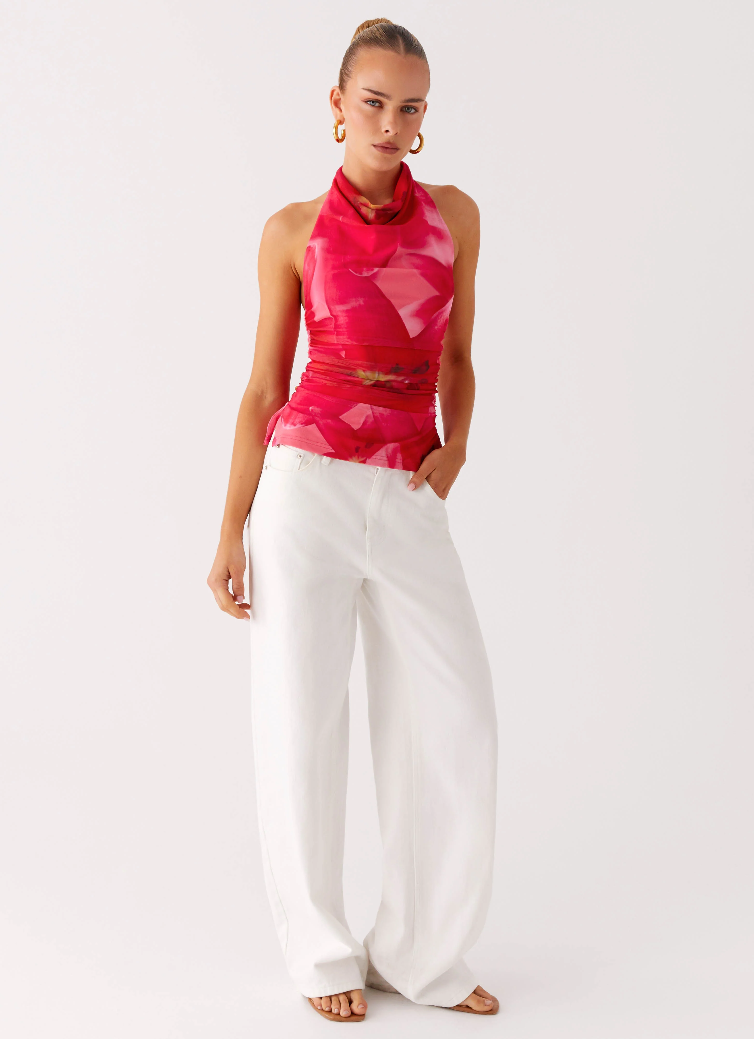 Delany Halter Top - Peach Watermelon Flower