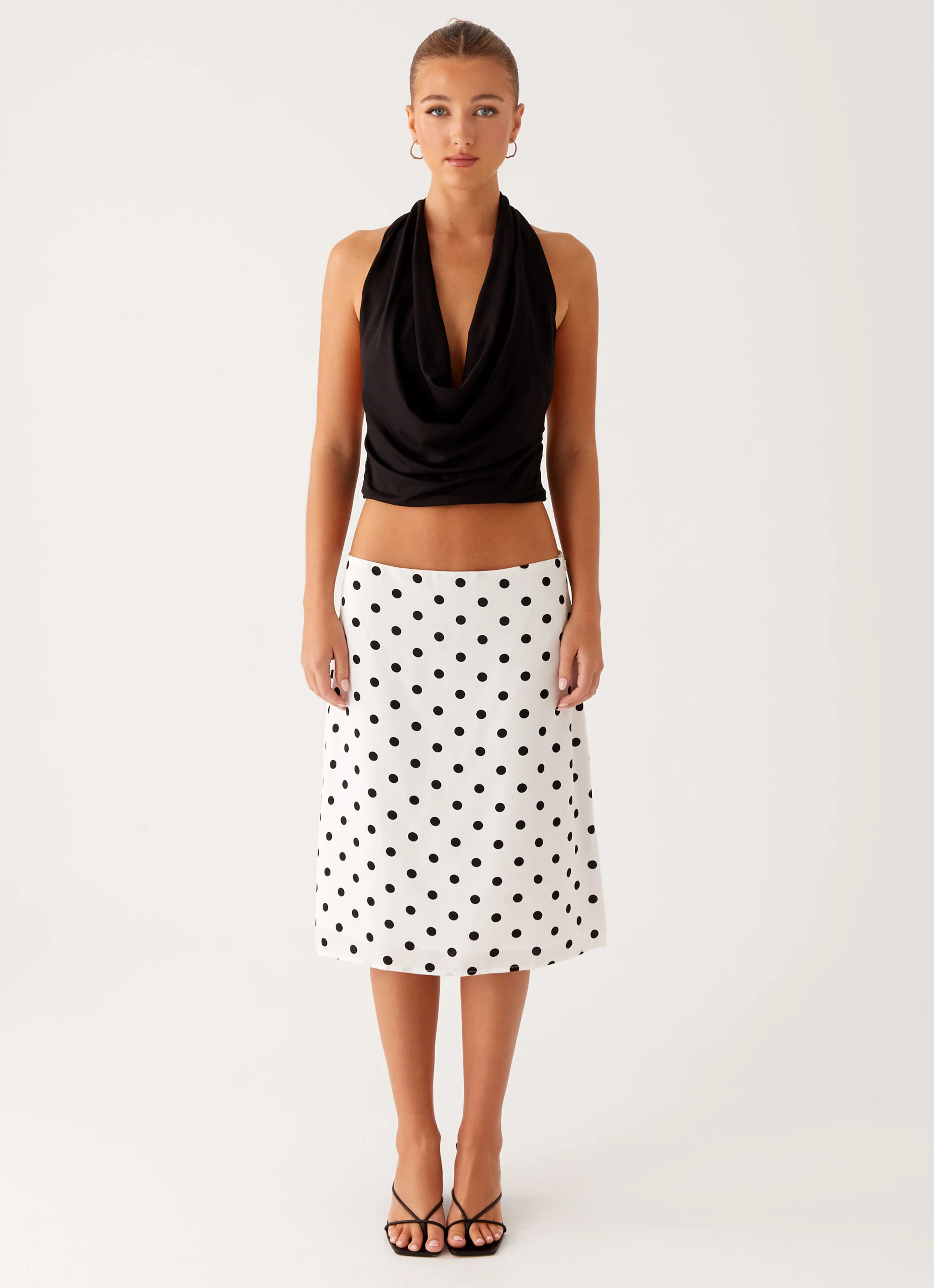 Evoke Chiffon Midi Skirt - White Polka Dot