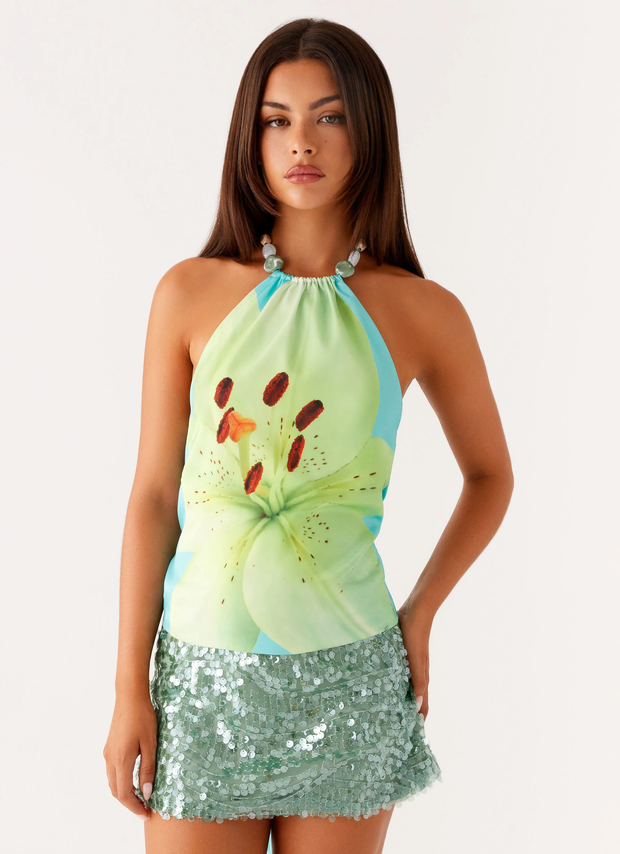 Dalila Beaded Tie Back Top - Turquoise Floral