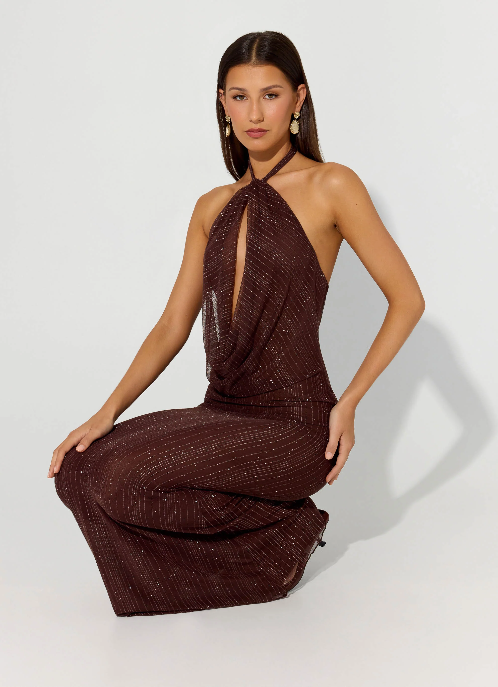 Haylan Sparkle Mesh Maxi Dress - Chocolate