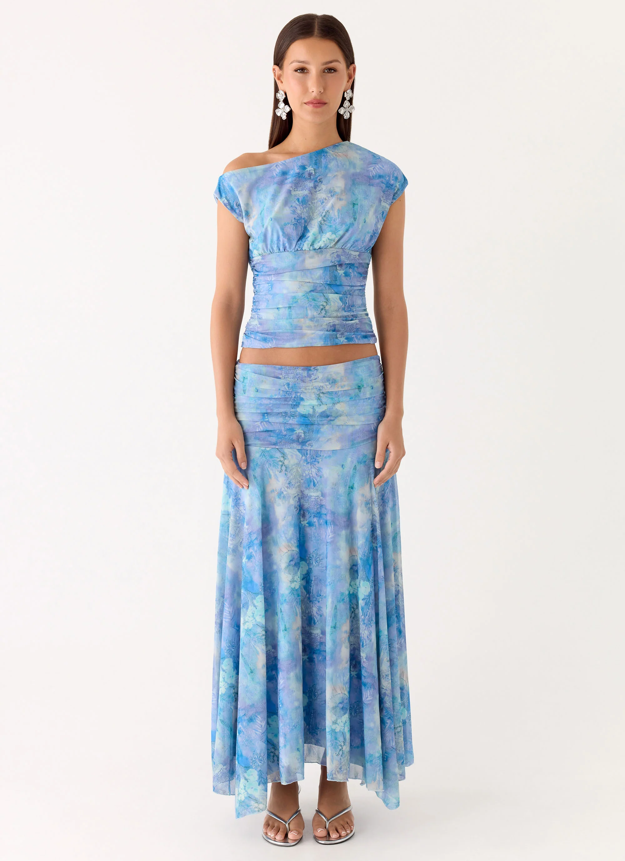 Liana Ruched Maxi Skirt - Aqua Paisley