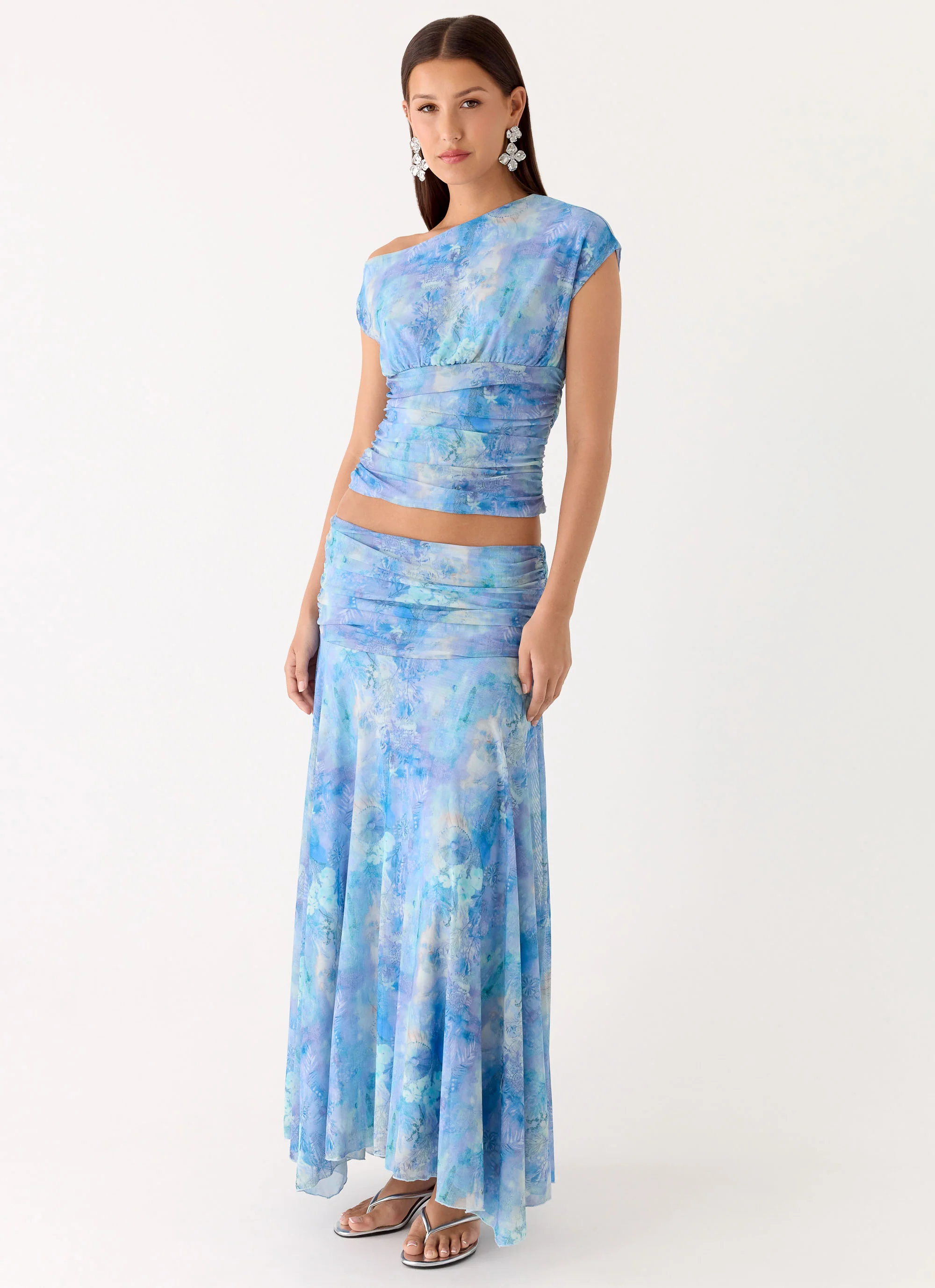 Liana Ruched Maxi Skirt - Aqua Paisley