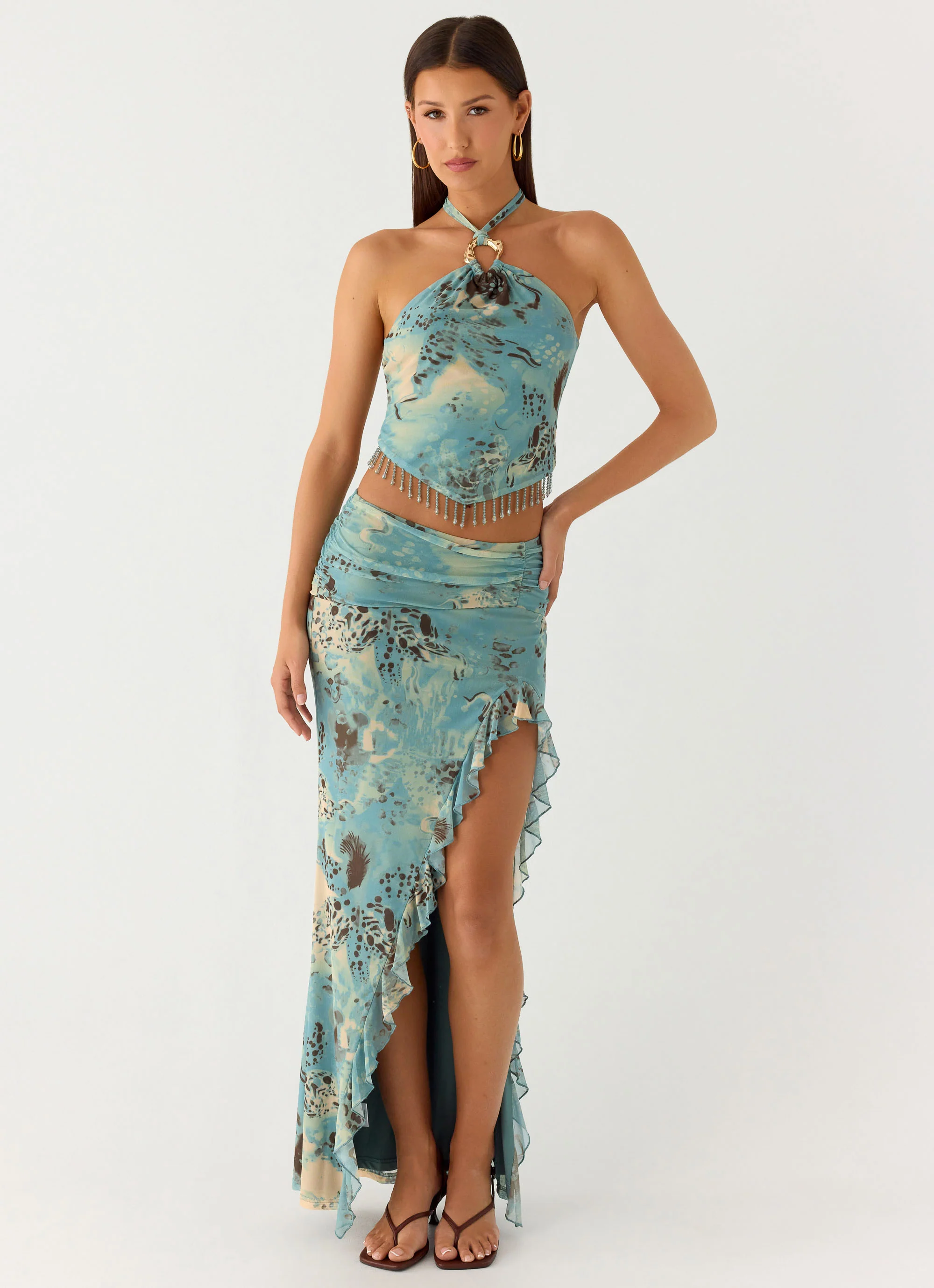 Lloyd Beaded Halter Top - Aqua Blur
