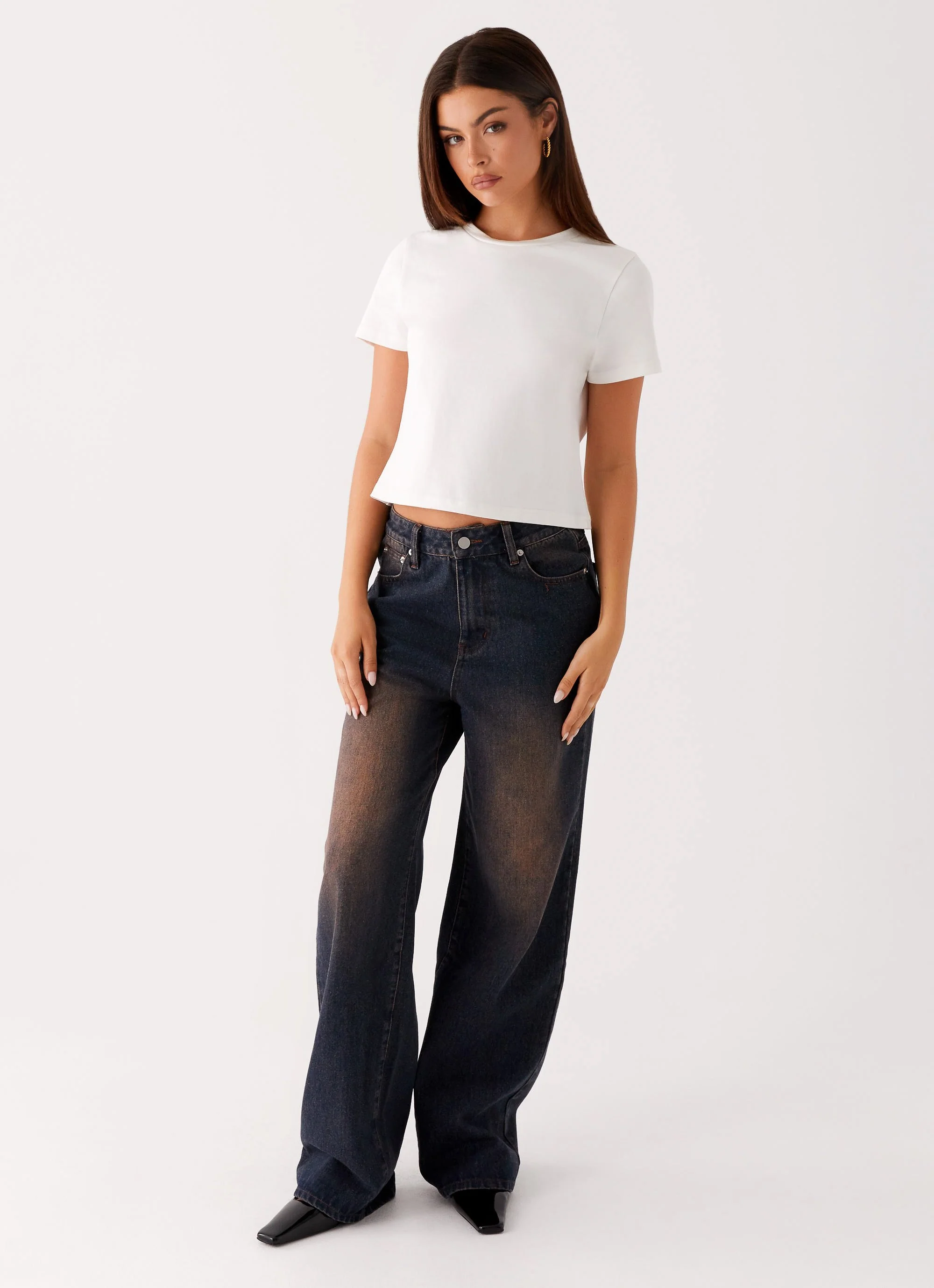 Back Again Straight Leg Denim Jeans - Brown Blue Acid Wash