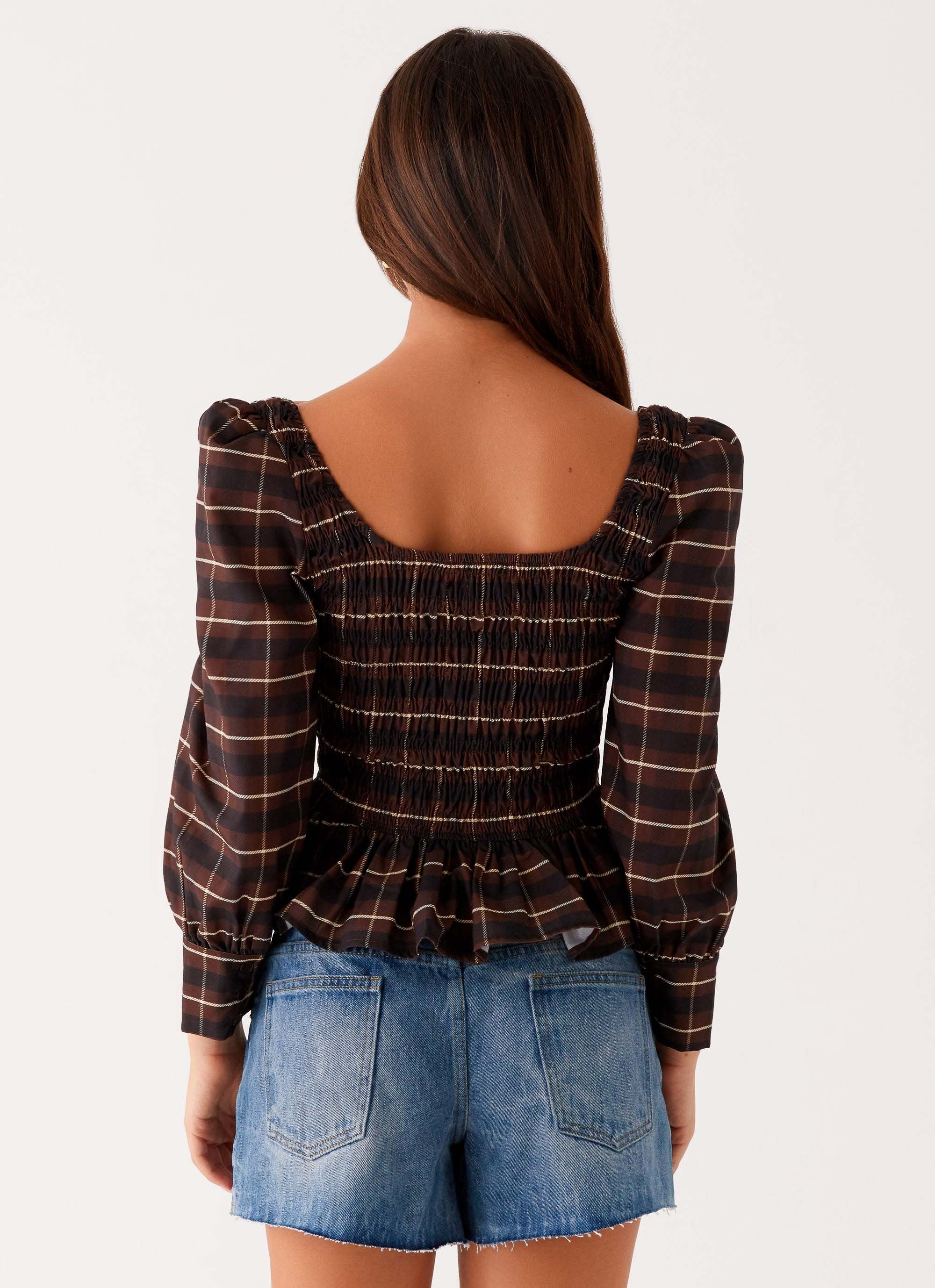 Joyce Long Sleeve Cotton Shirred Top - Chocolate Check