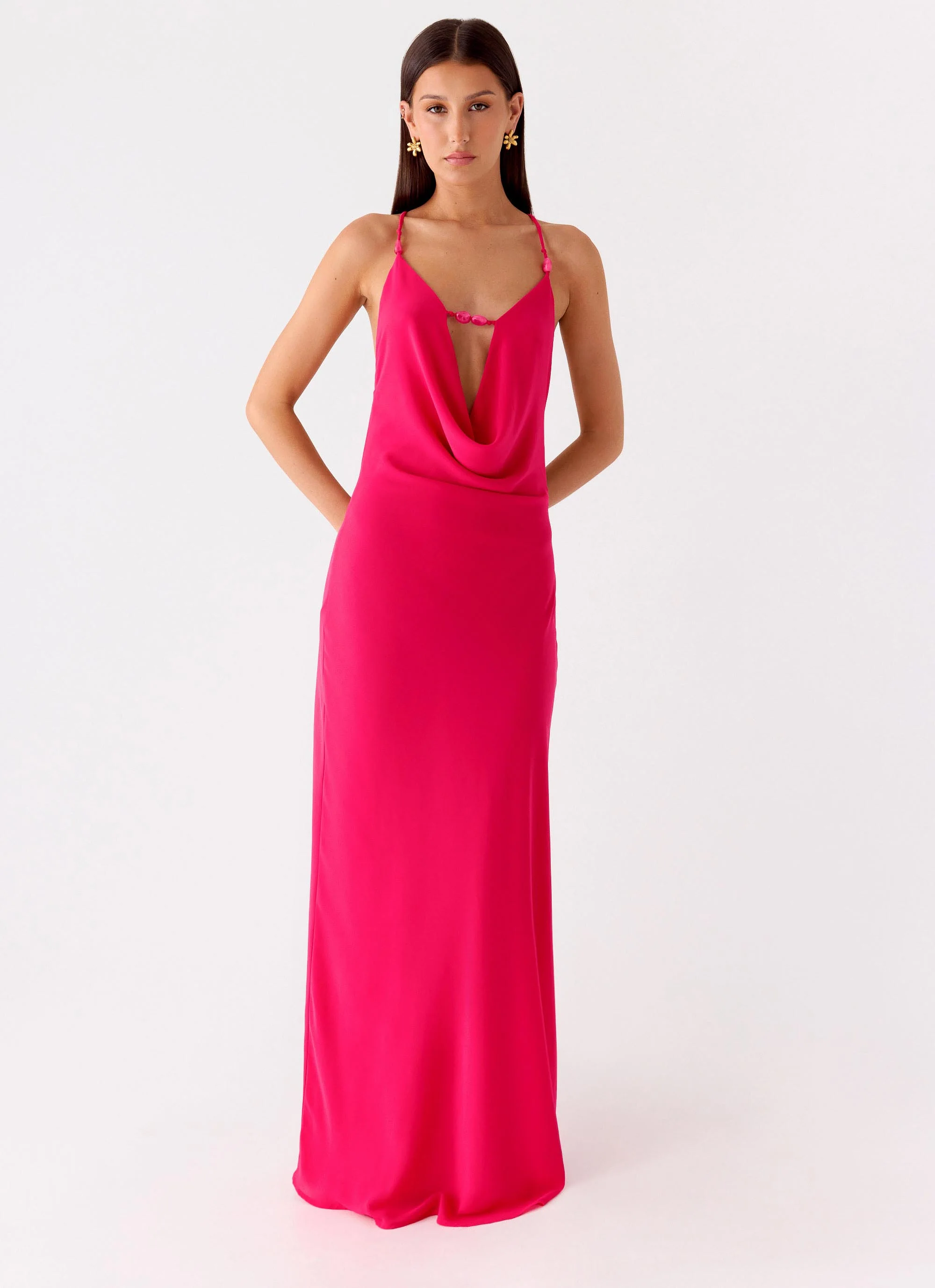 Tropic Muse Beaded Cowl Maxi Dress - Fuchsia