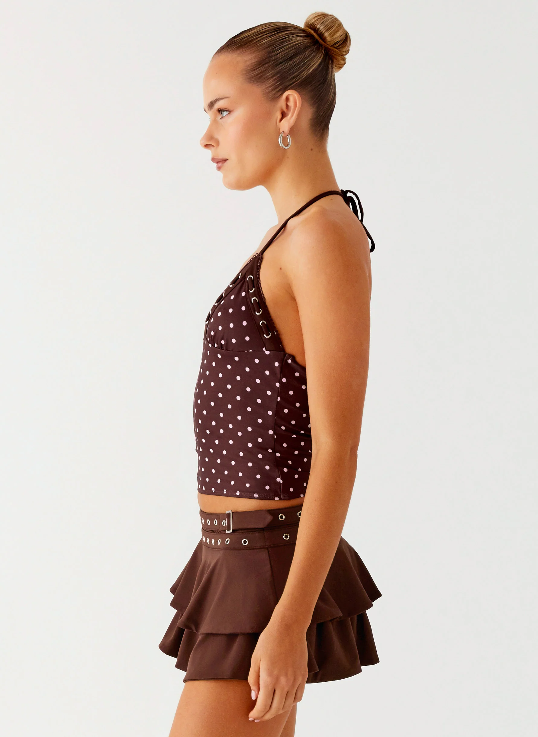 Bahama Eyelet Lace Up Top - Chocolate Strawberry Dot