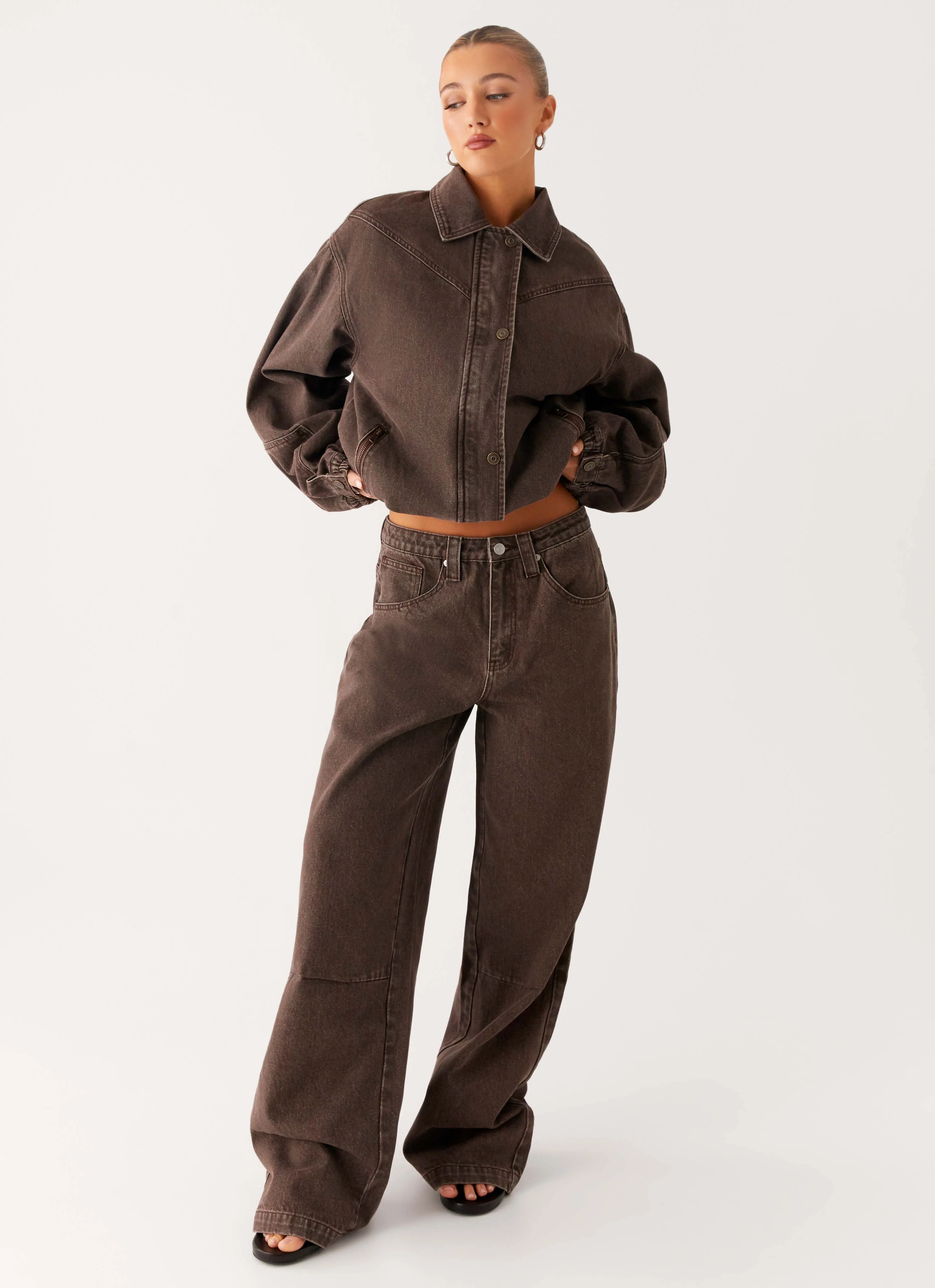 Midwest Washed Denim Bomber Jacket - Light Wash Chocolate